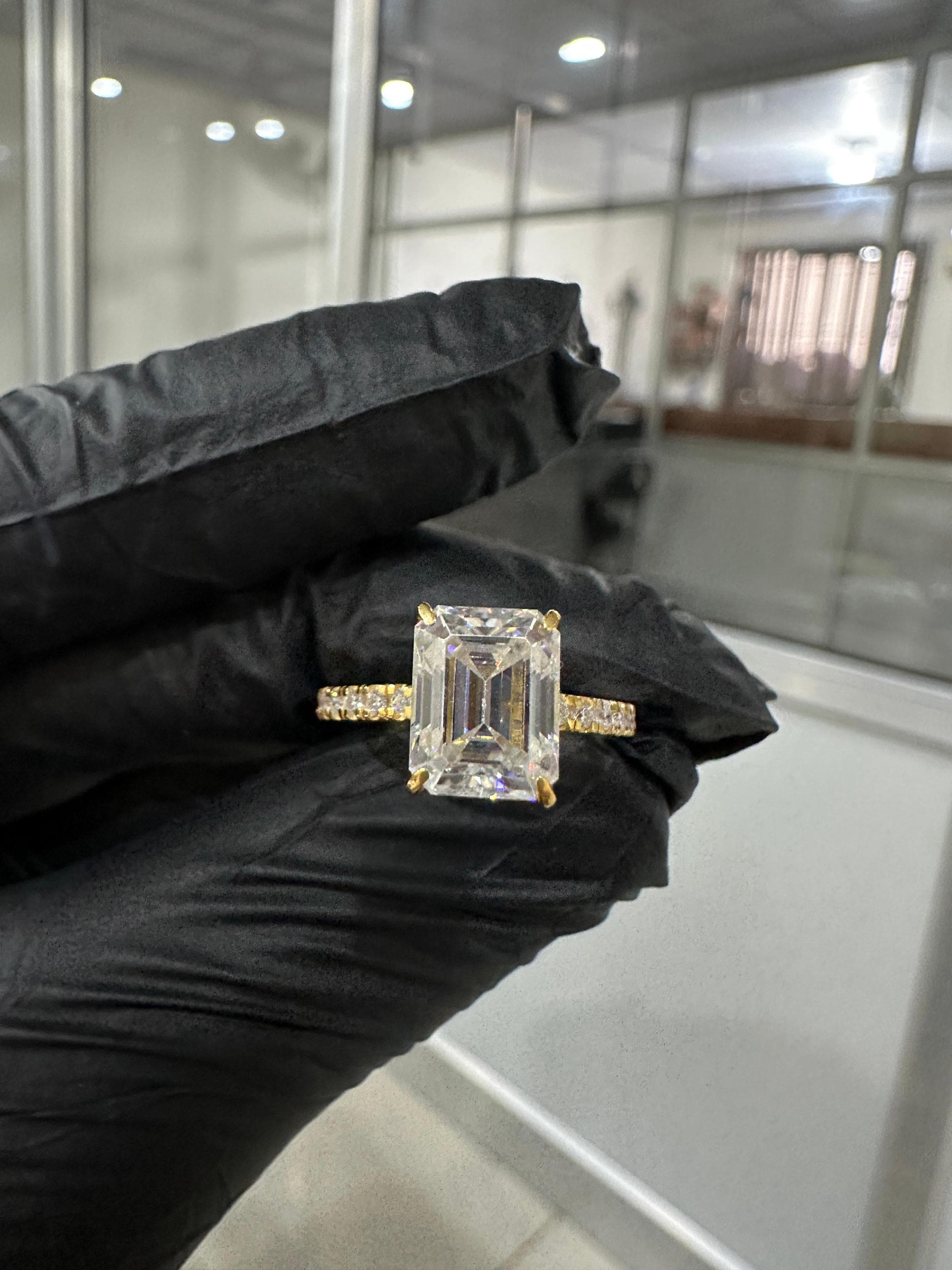 Emerald Moissanite Engagement Ring | 14K Yellow Gold Hidden Halo Pavé Band