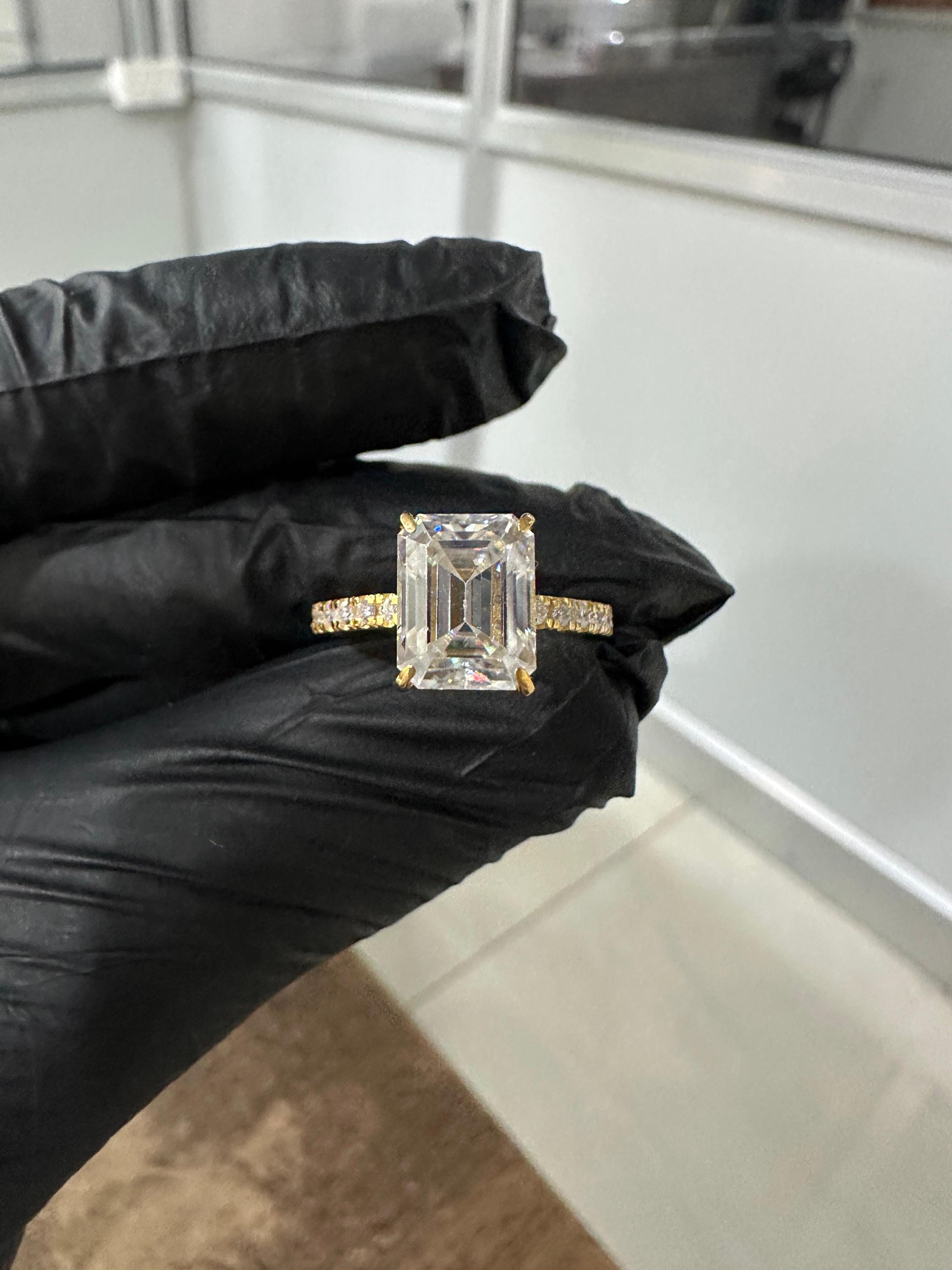 Emerald Moissanite Engagement Ring | 14K Yellow Gold Hidden Halo Pavé Band