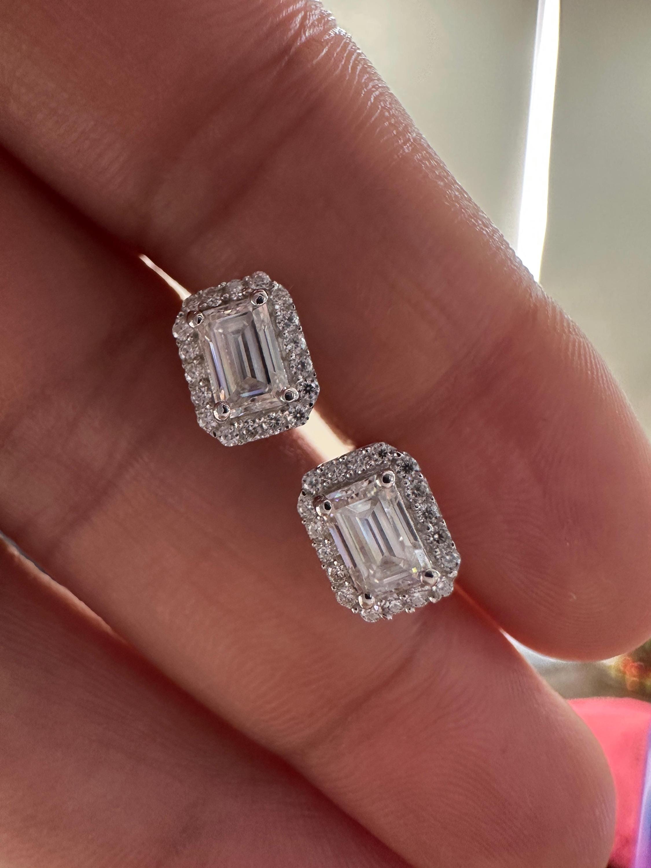 Emerald Cut Moissanite Halo Stud Earrings | 14K White Gold 2.5 CT Bridal Wedding Gift