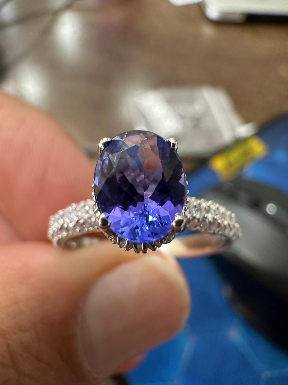 1.5 CT Oval Shape Tanzanite Hidden Halo Ring | 14K White Gold Pave Diamond Band