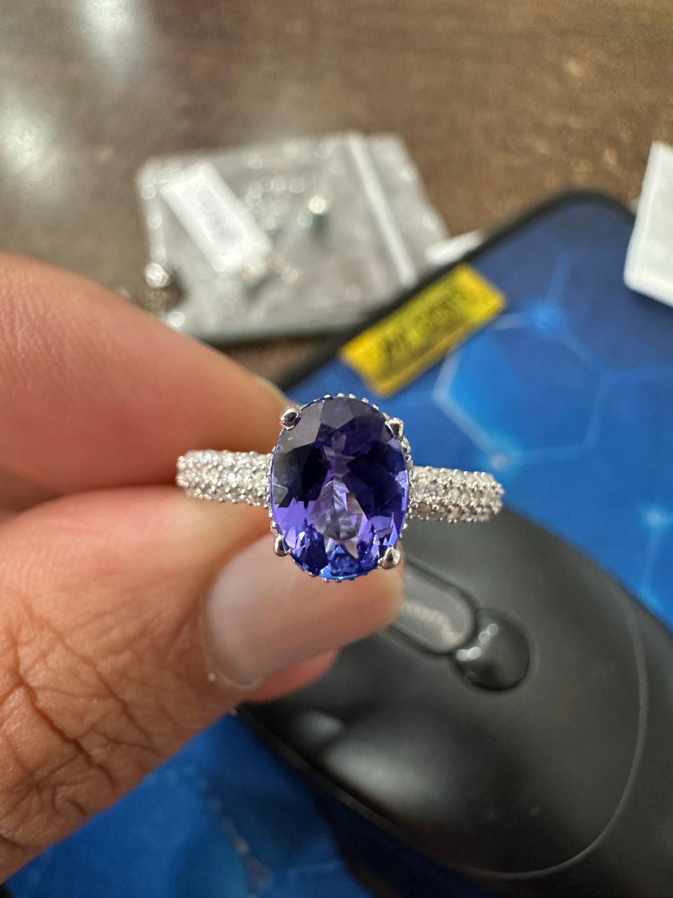 1.5 CT Oval Shape Tanzanite Hidden Halo Ring | 14K White Gold Pave Diamond Band