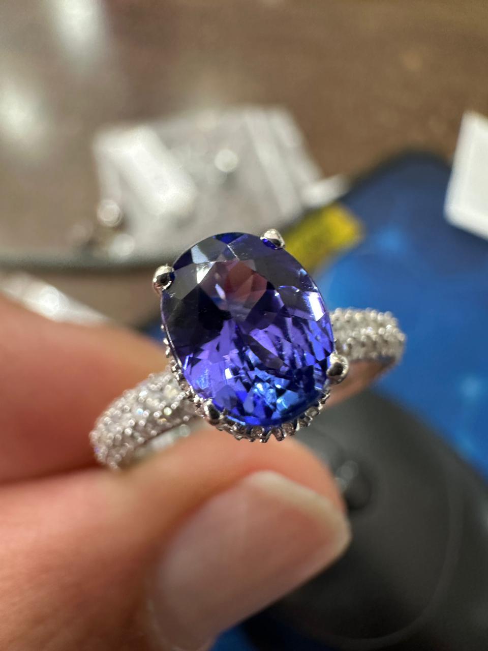 1.5 CT Oval Shape Tanzanite Hidden Halo Ring | 14K White Gold Pave Diamond Band