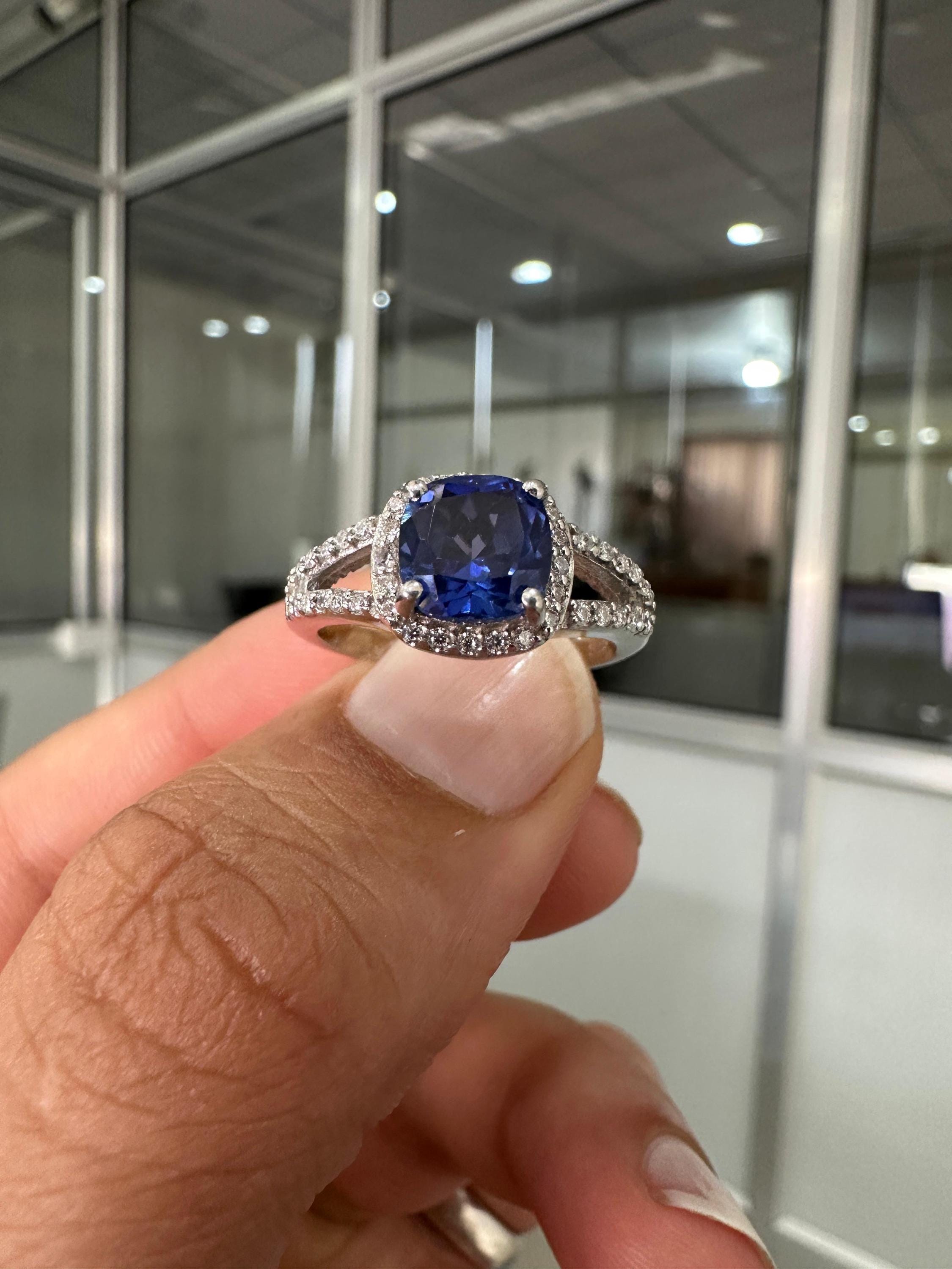 Cushion Cut Tanzanite Engagement Ring 14K White Gold Split Shank Diamond Accent Wedding Ring