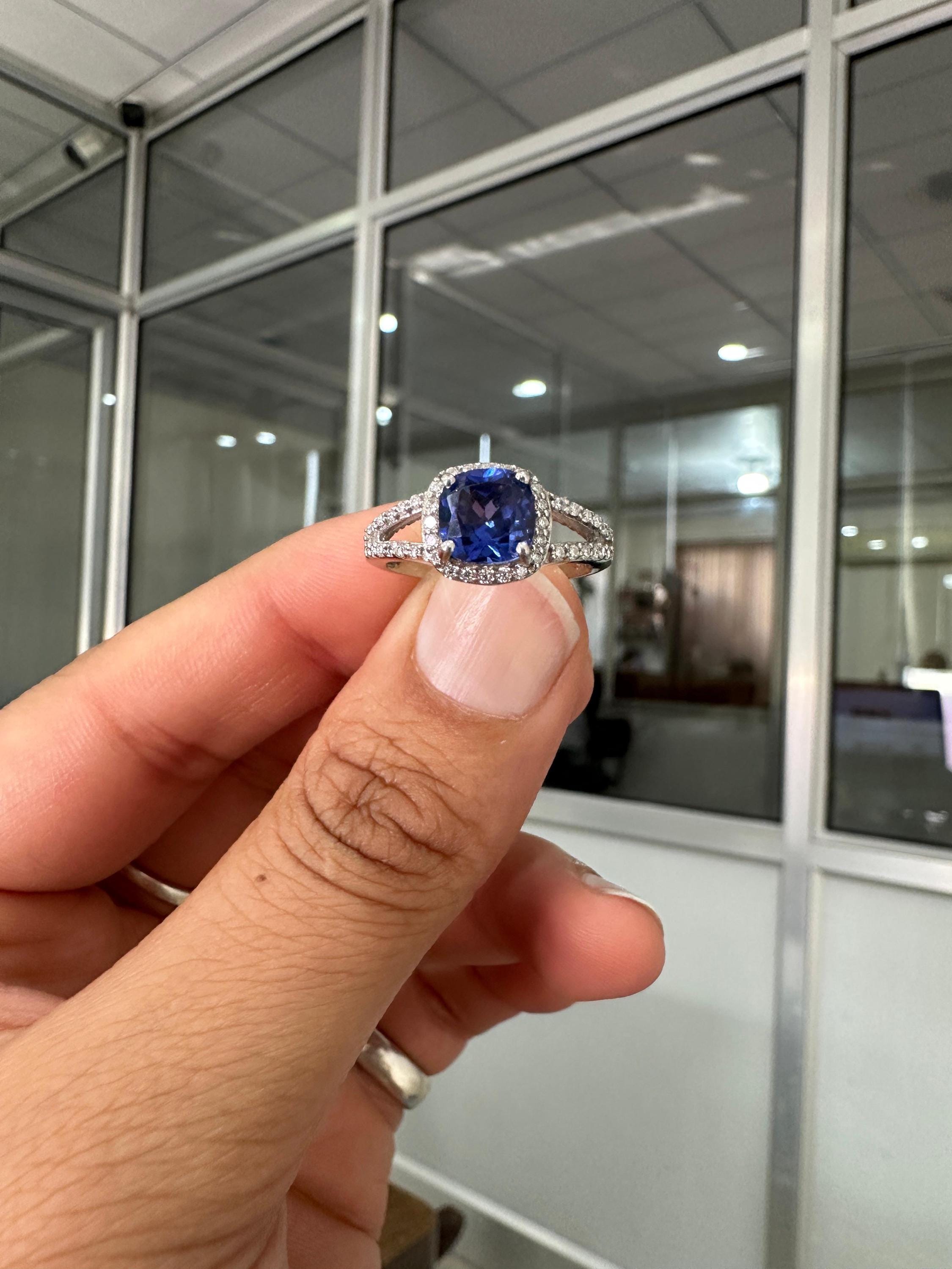 Cushion Cut Tanzanite Engagement Ring 14K White Gold Split Shank Diamond Accent Wedding Ring