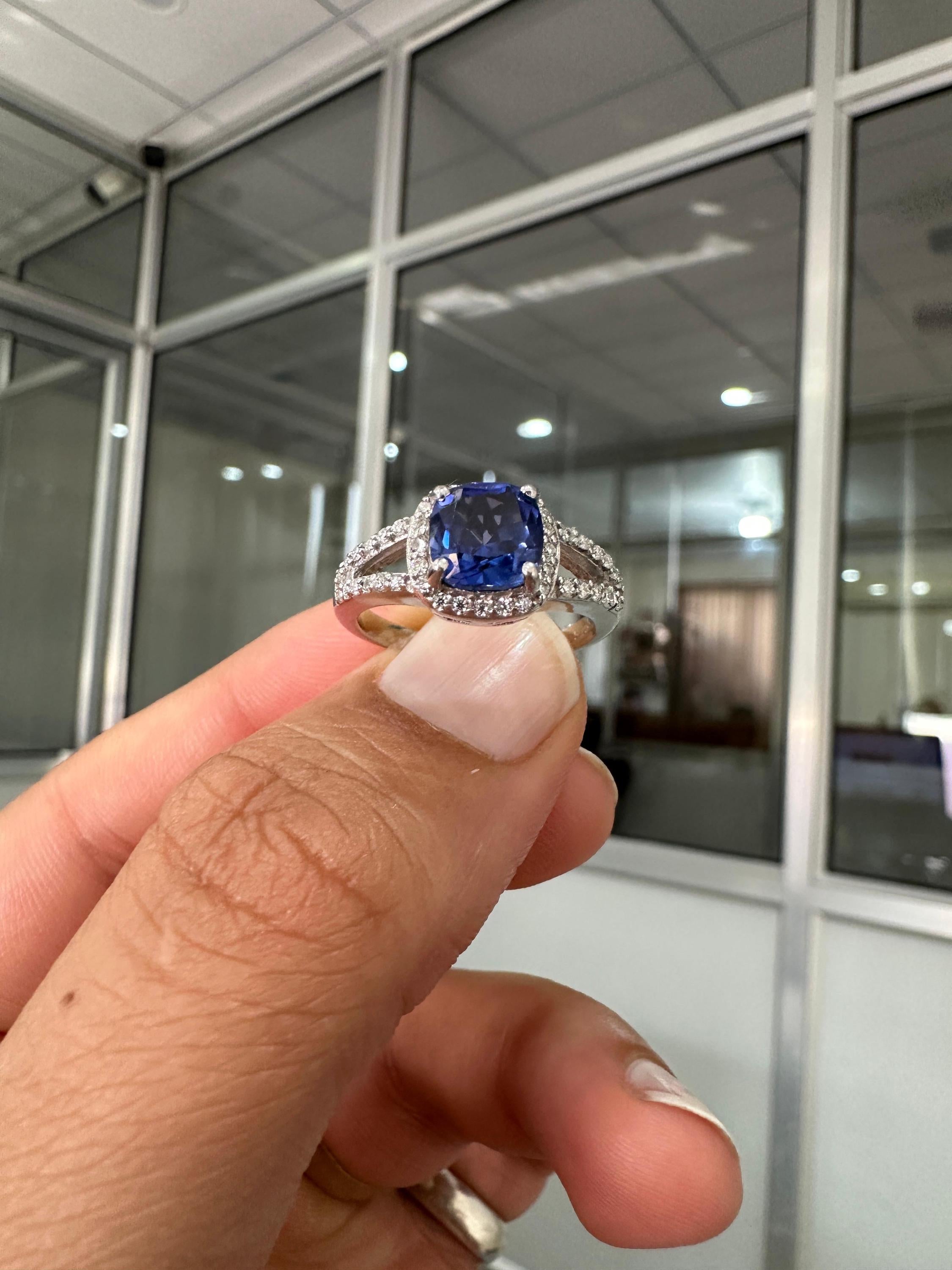 Cushion Cut Tanzanite Engagement Ring 14K White Gold Split Shank Diamond Accent Wedding Ring