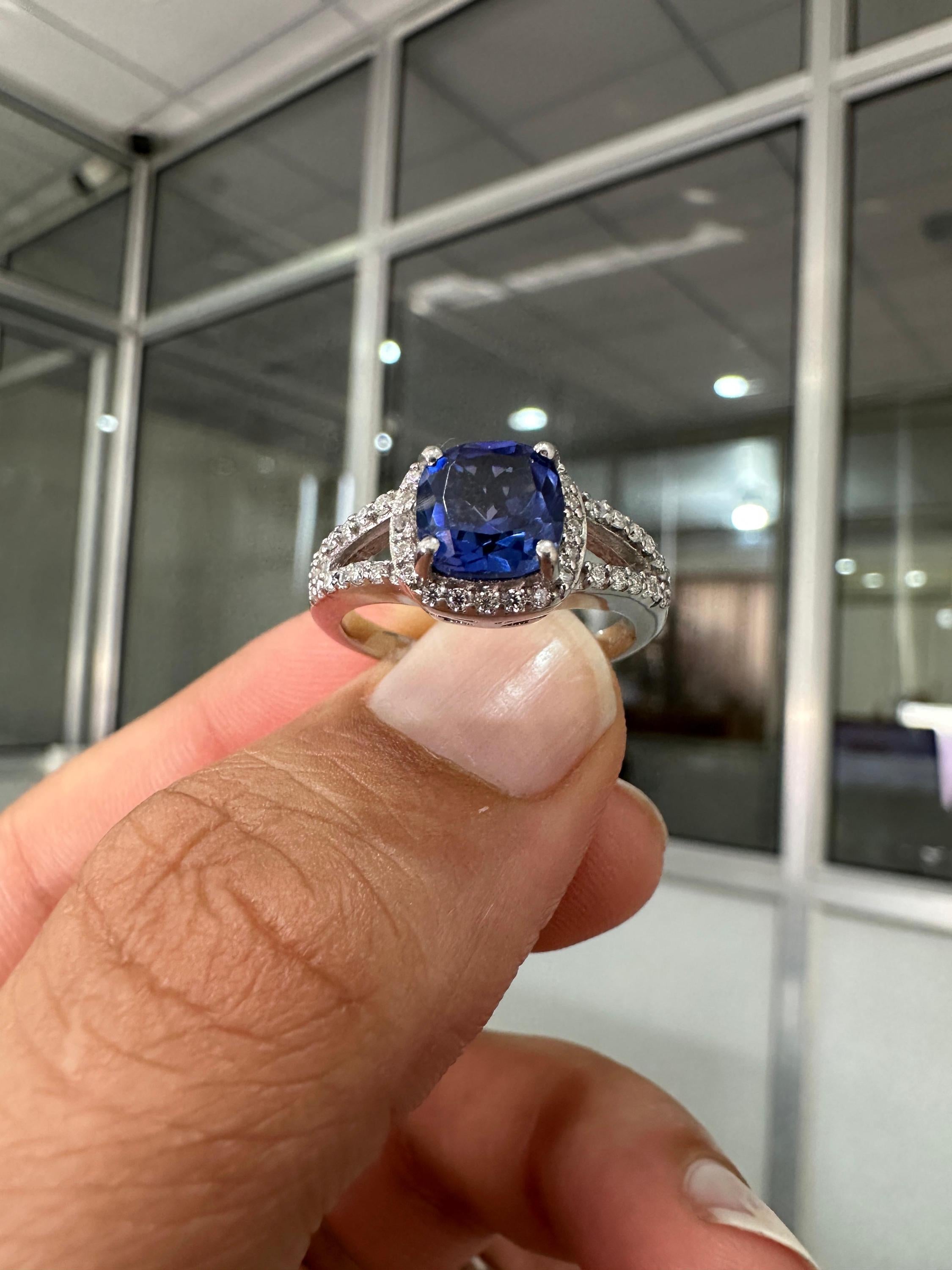 Cushion Cut Tanzanite Engagement Ring 14K White Gold Split Shank Diamond Accent Wedding Ring