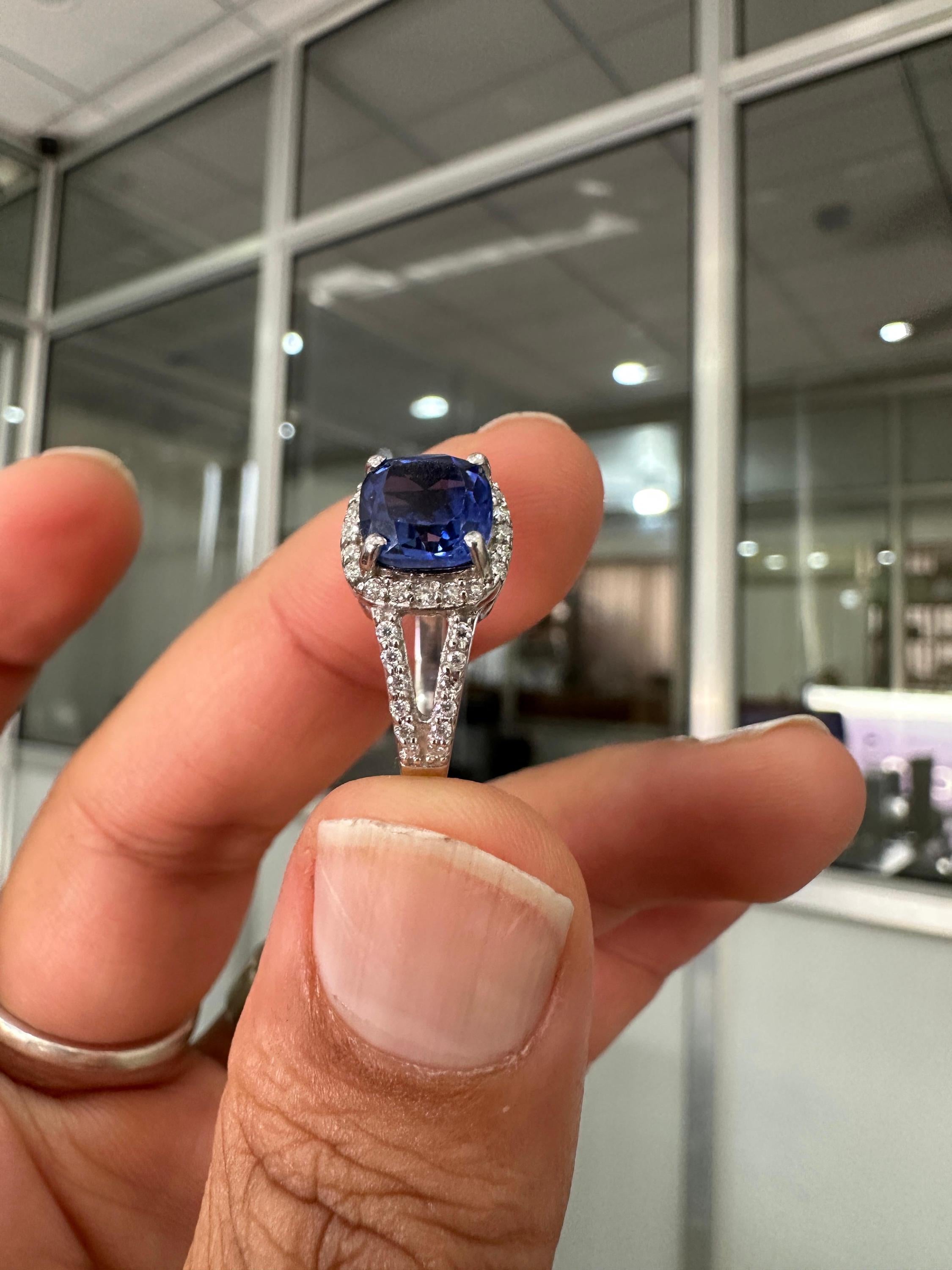Cushion Cut Tanzanite Engagement Ring 14K White Gold Split Shank Diamond Accent Wedding Ring
