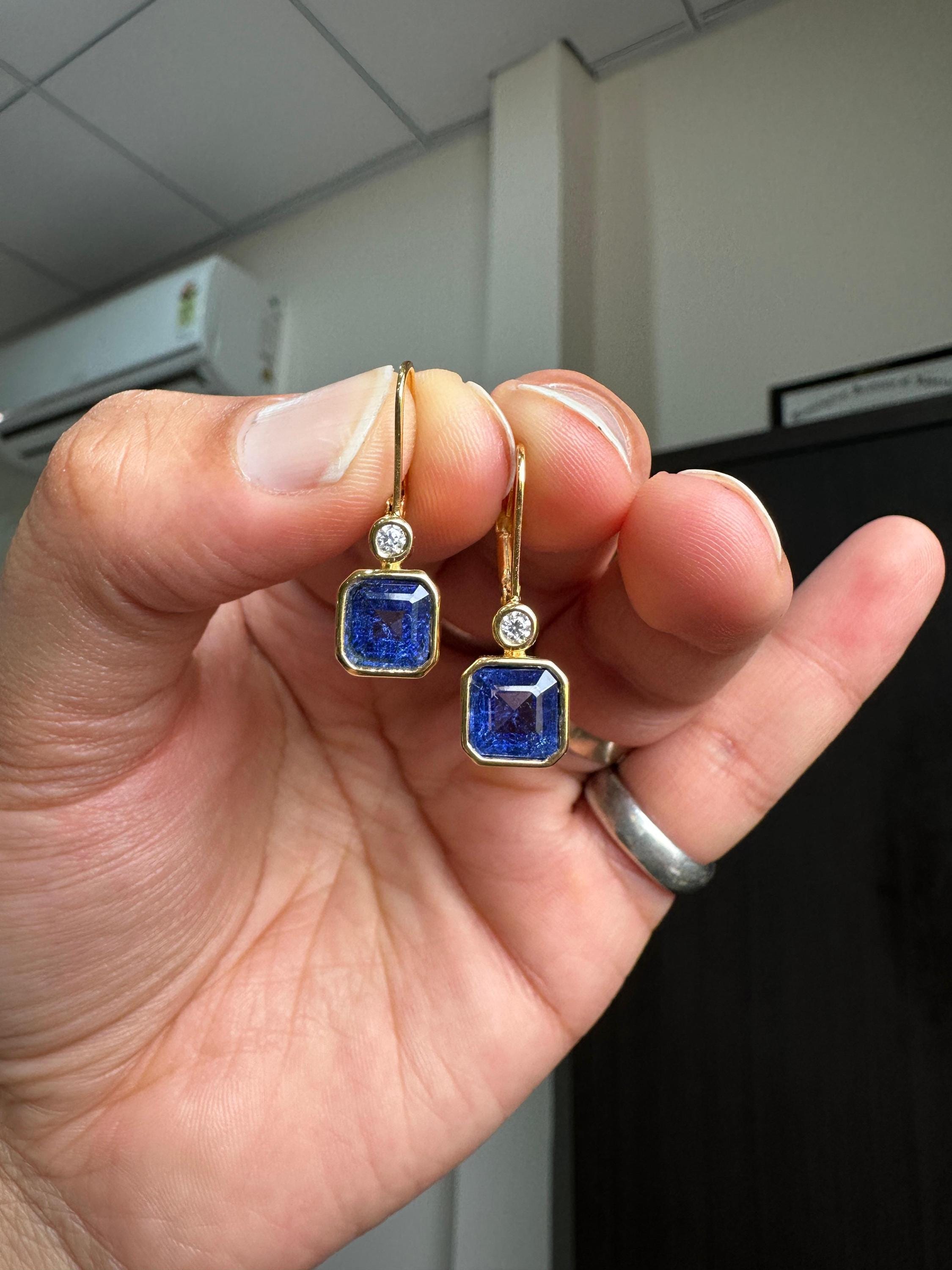 14K Gold Sapphire Diamond Earrings, Bezel Set Asscher Cut Lever Back Earrings