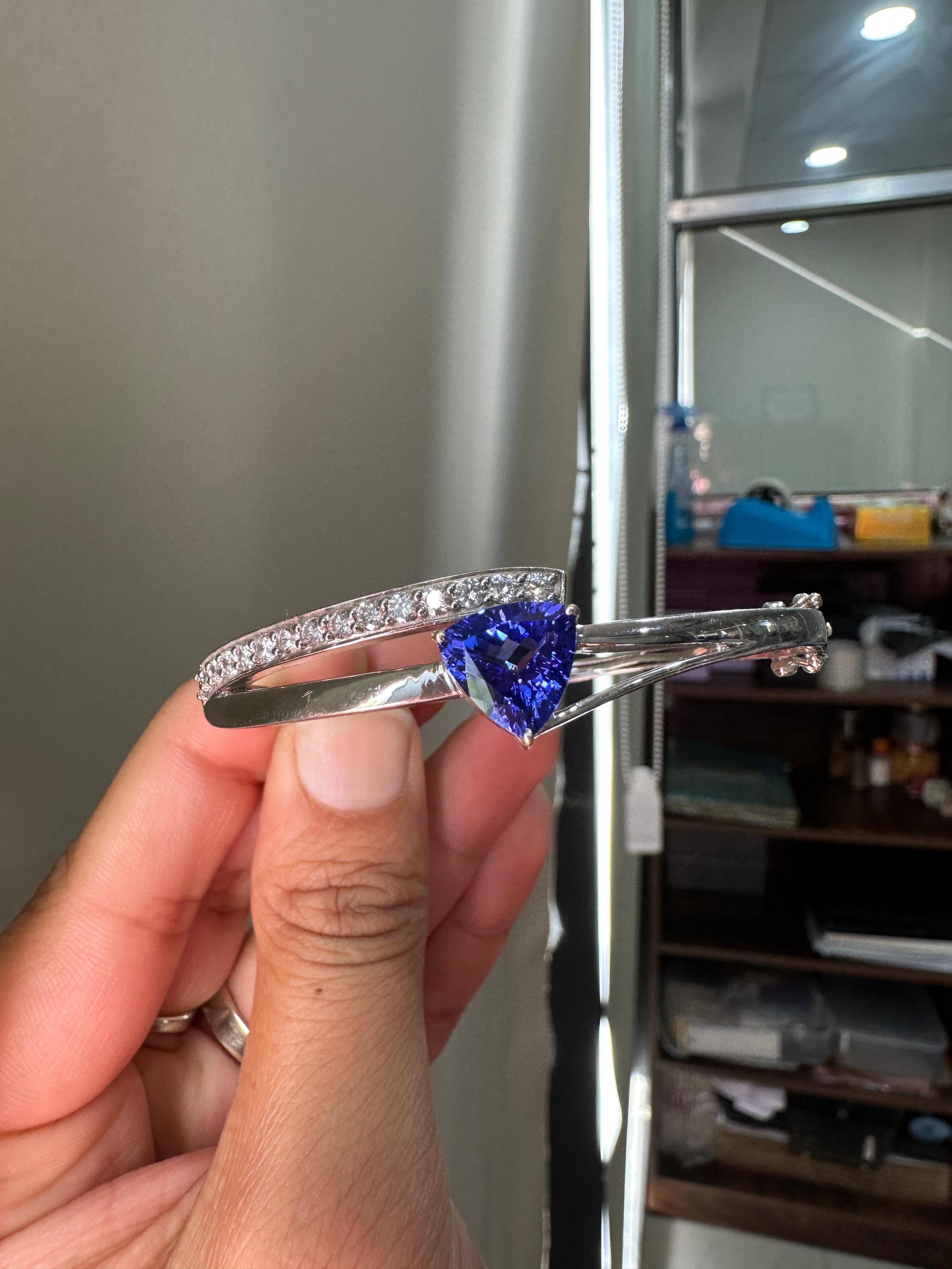 Trillion Shape Tanzanite Diamond Bangle Bracelet in 14K White Gold, Fine Jewelry gift