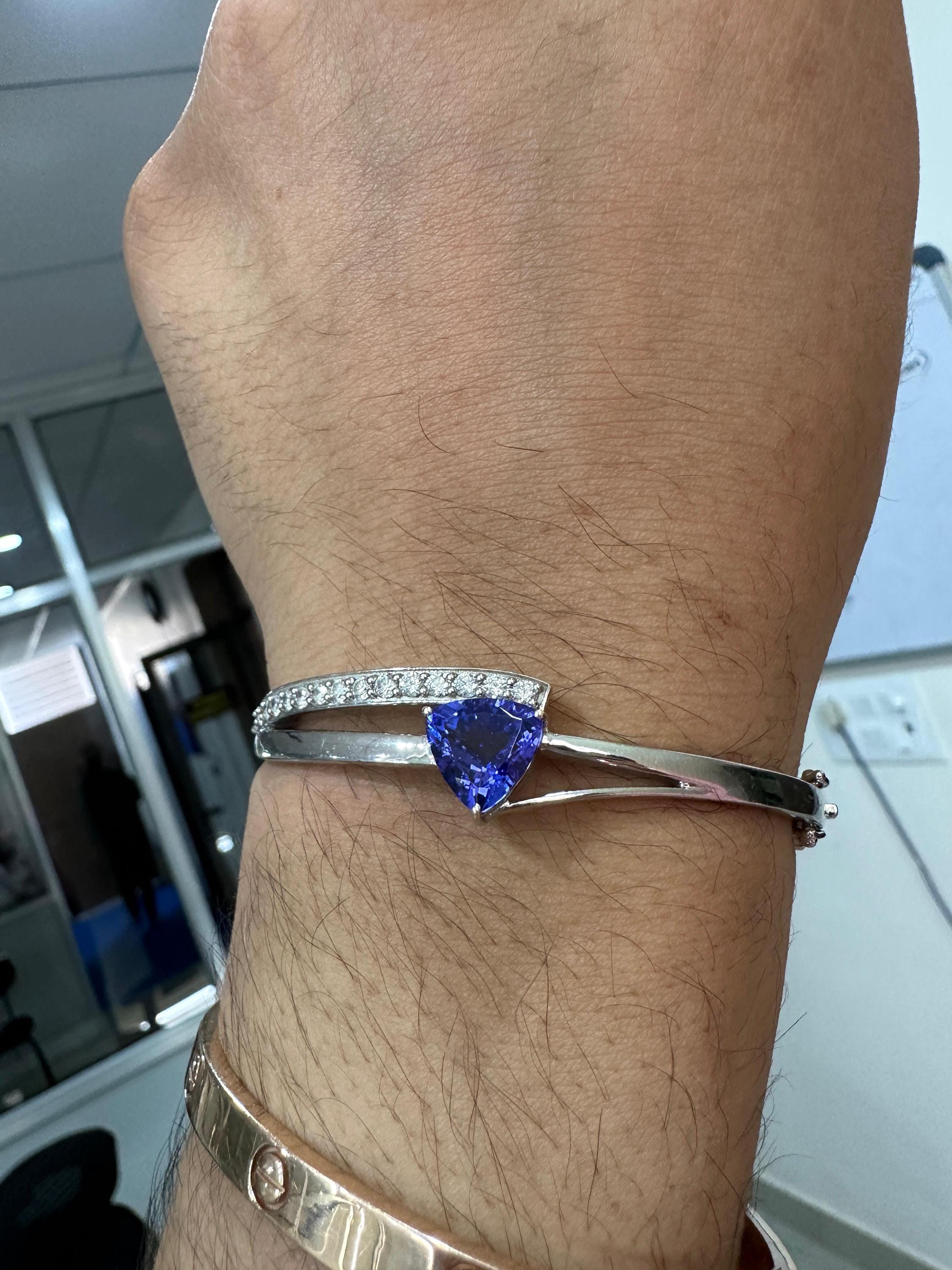 Custom made Trillion Tanzanite Diamond Bangle Bracelet 14K White Gold, Luxurious Jewelry gift