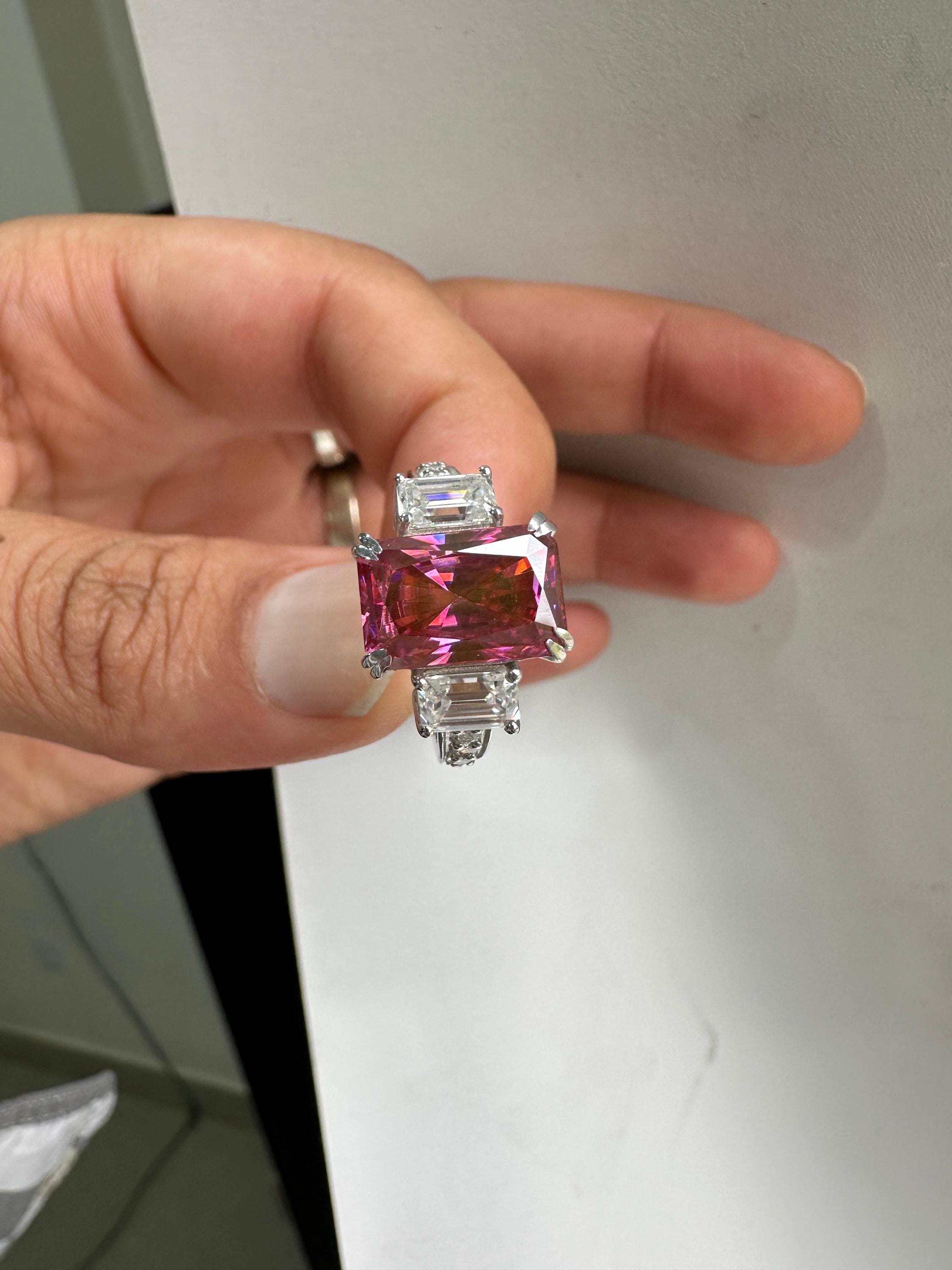Pink Emerald Cut Moissanite Three Stone Ring | 14K White Gold Engagement Ring