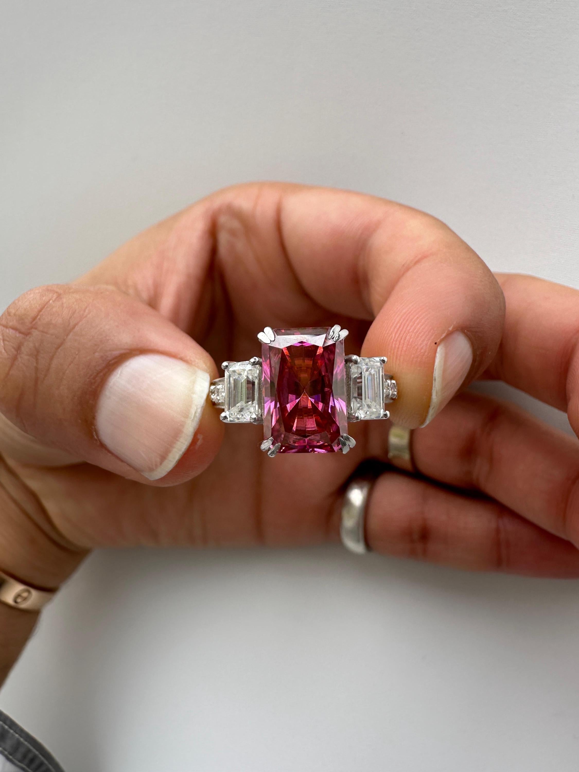 Pink Emerald Cut Moissanite Three Stone Ring | 14K White Gold Engagement Ring