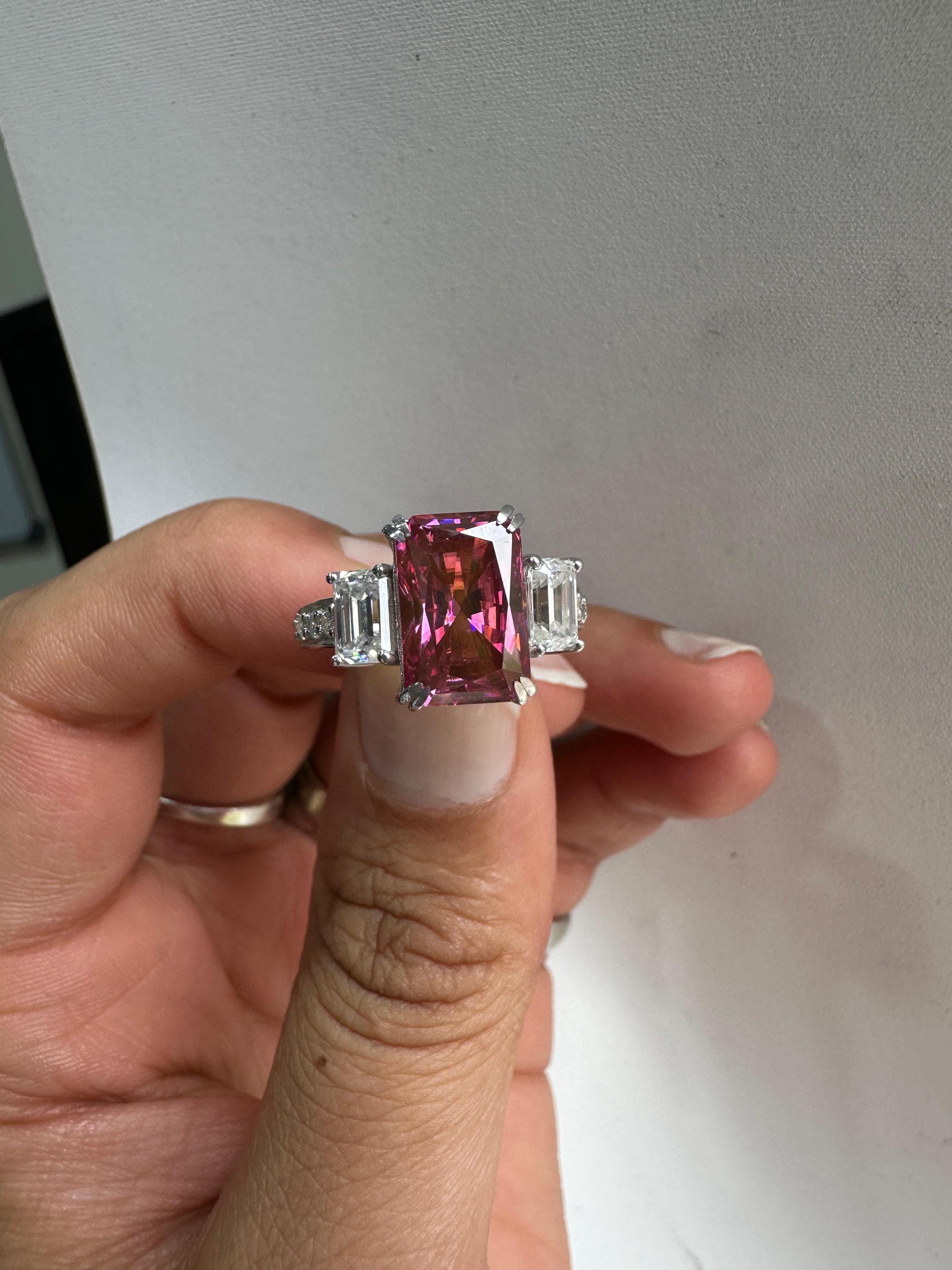 Pink Emerald Cut Moissanite Three Stone Ring | 14K White Gold Engagement Ring