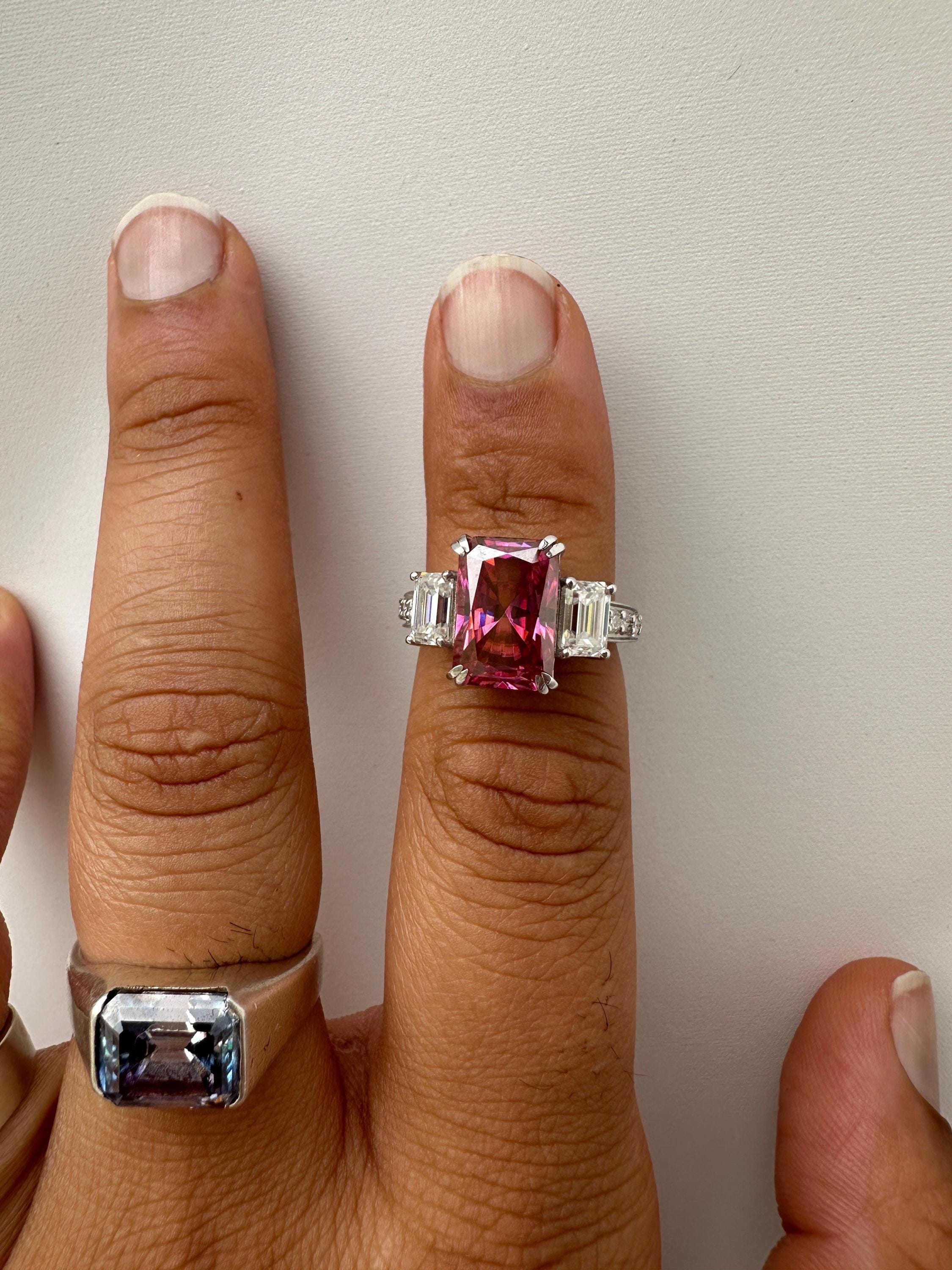 Pink Emerald Cut Moissanite Three Stone Ring | 14K White Gold Engagement Ring