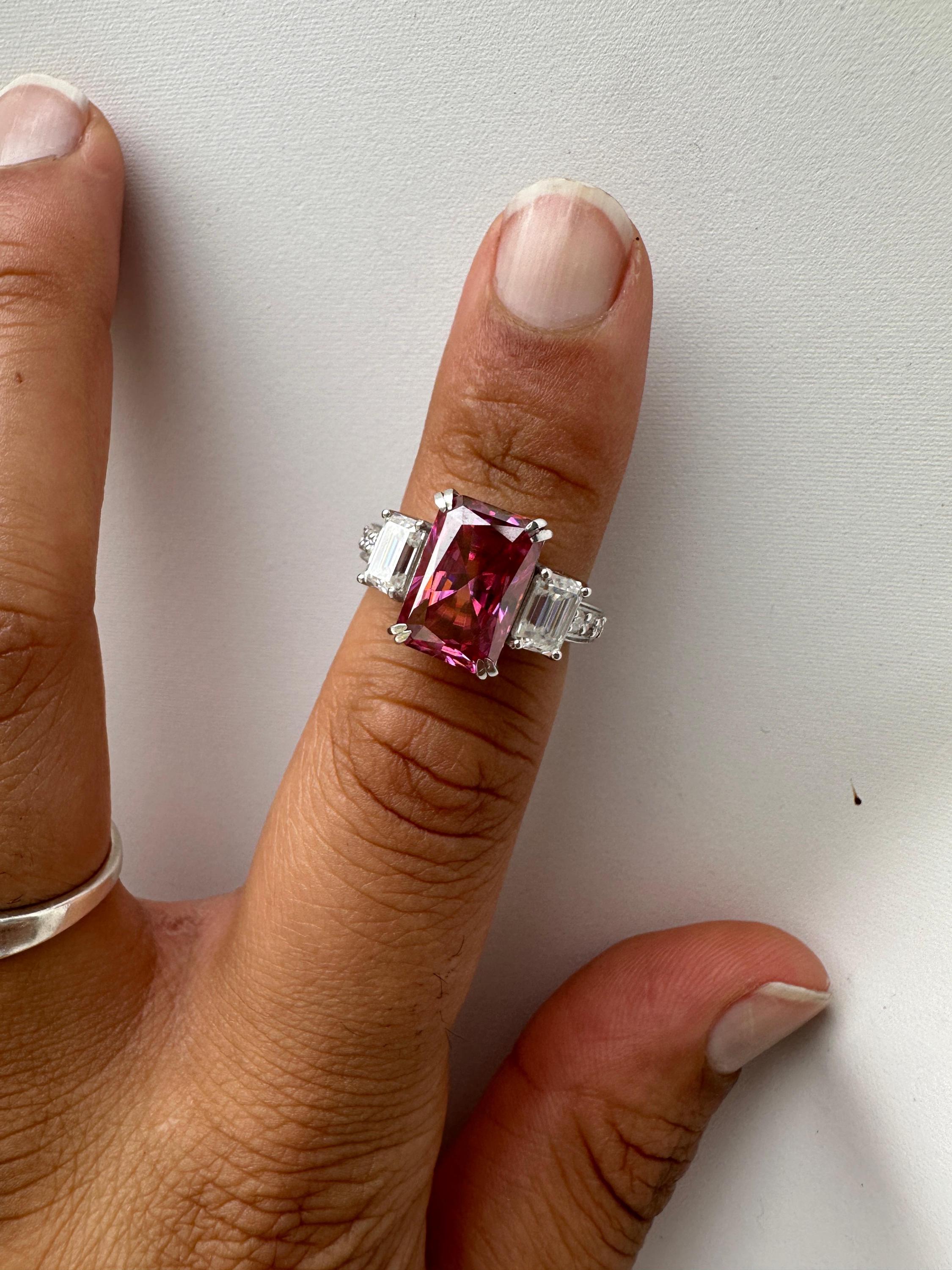 Pink Emerald Cut Moissanite Three Stone Ring | 14K White Gold Engagement Ring