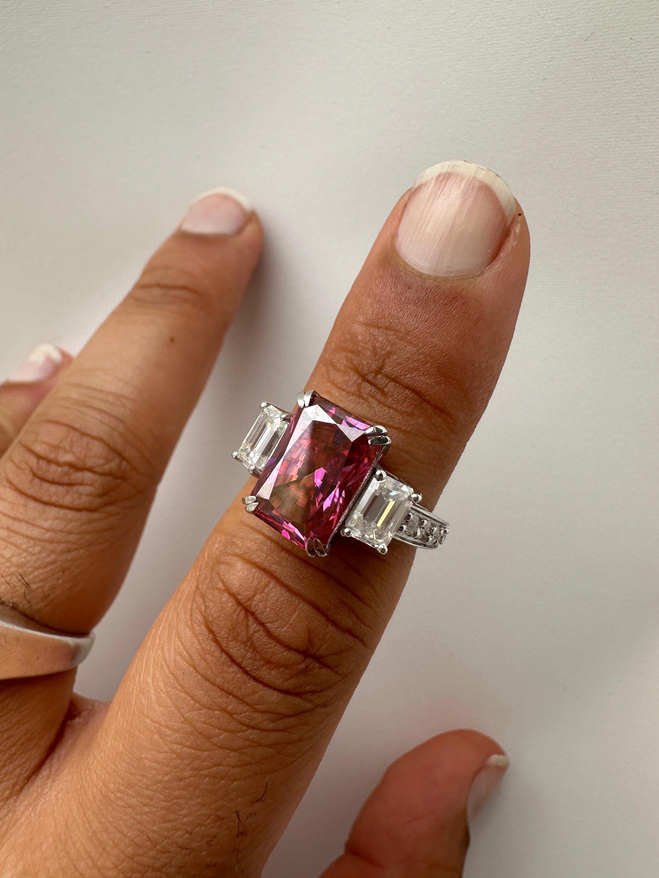 Pink Emerald Cut Moissanite Three Stone Ring | 14K White Gold Engagement Ring