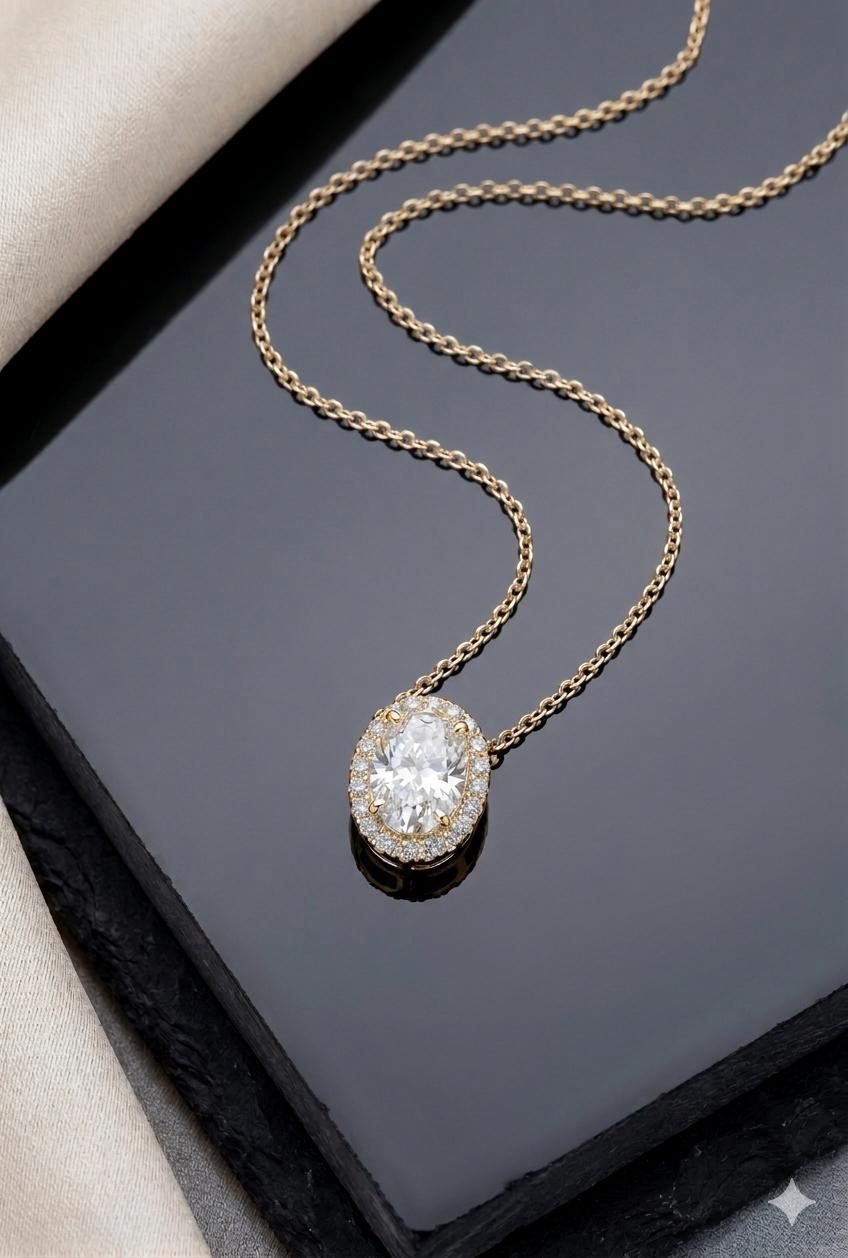 Oval Lab Diamond Halo Pendant | 14K White Gold, 3 CT IGI Certified