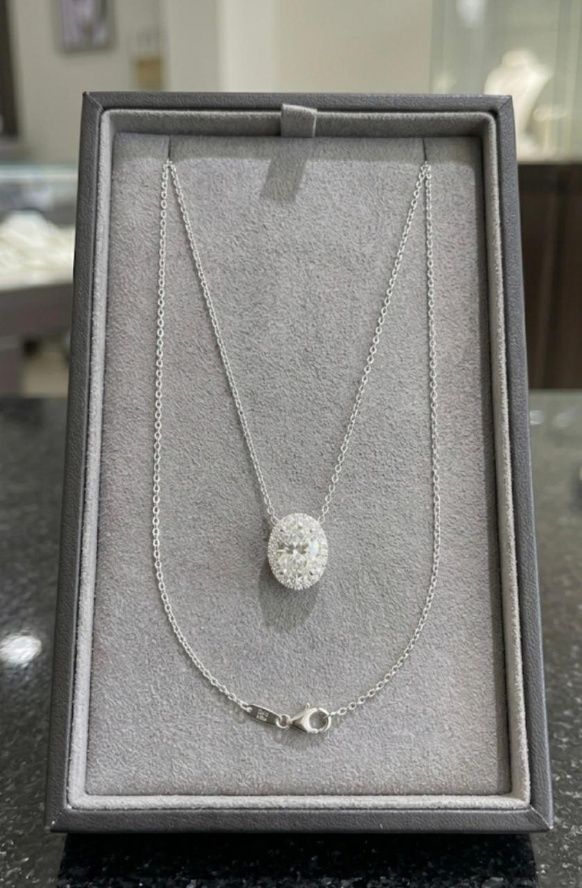 Oval Lab Diamond Halo Pendant | 14K White Gold, 3 CT IGI Certified