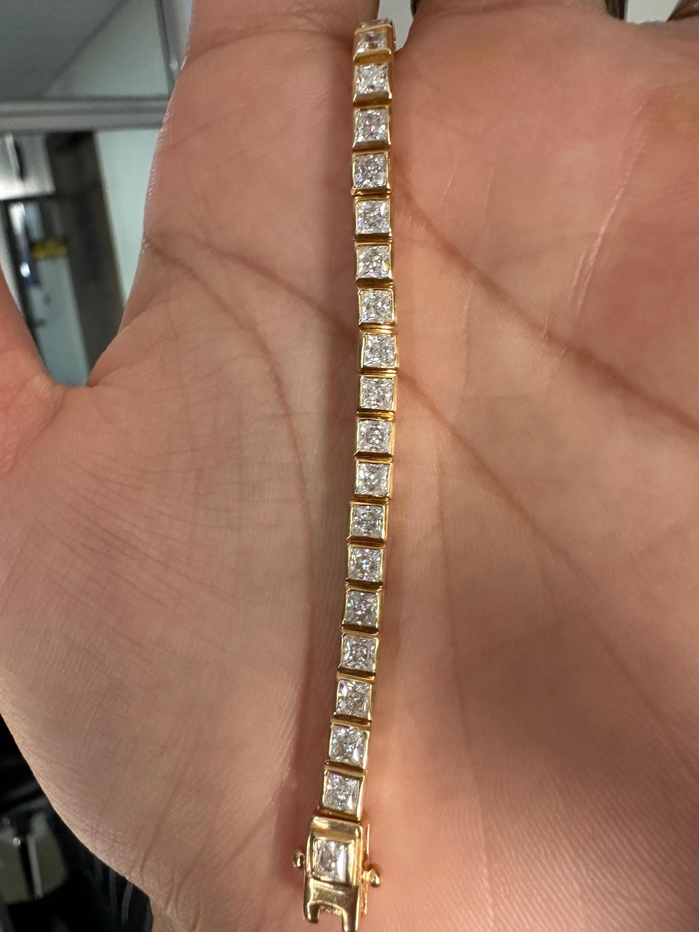 Princess Cut Moissanite Tennis Bracelet, 14K Yellow Gold Plated Bezel Setting