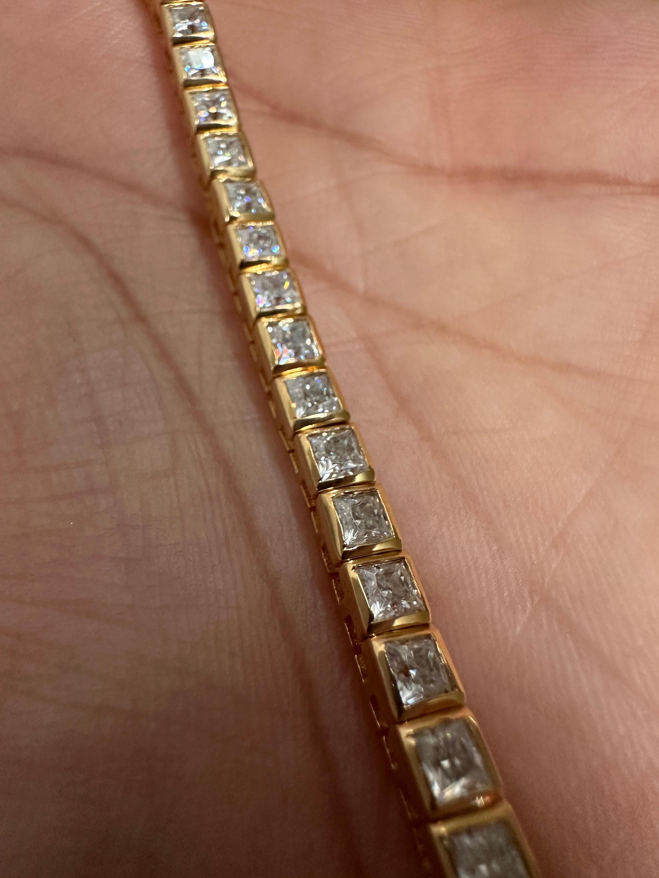 Princess Cut Moissanite Tennis Bracelet, 14K Yellow Gold Plated Bezel Setting