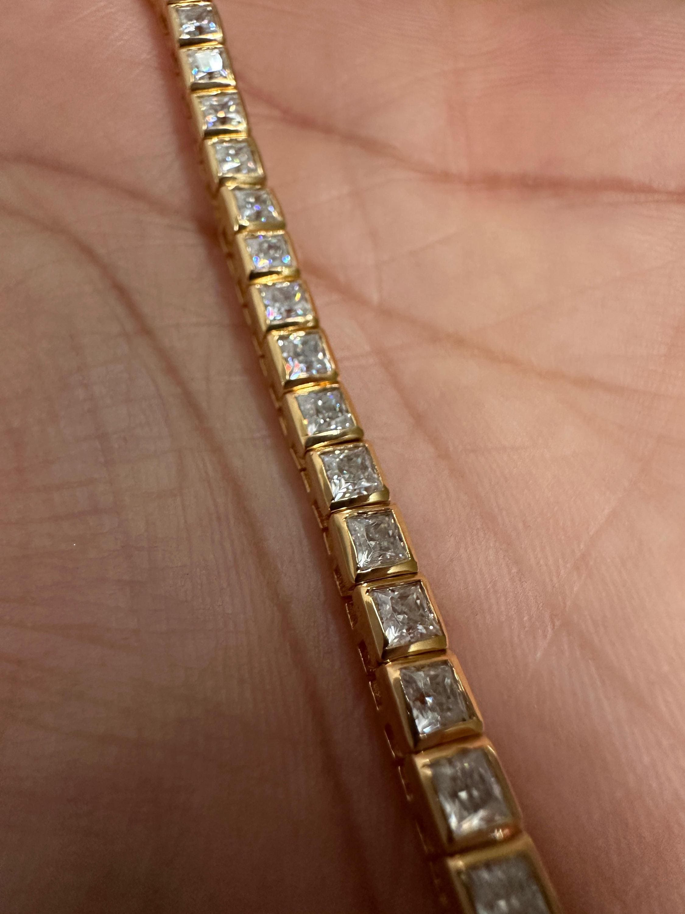 Square cut Moissanite Tennis Bracelet | 14k Gold Finish, Bezel Set, 9 Ct