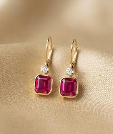14K Gold Ruby Diamond Drop Earrings | Pink Gemstone Hoops, Fine Jewelry for gift