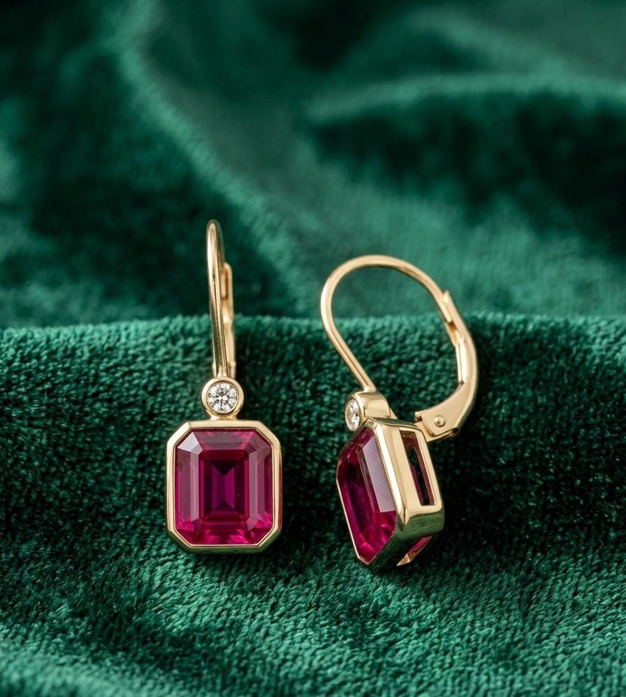 14K Gold Ruby Diamond Drop Earrings | Pink Gemstone Hoops, Fine Jewelry for gift