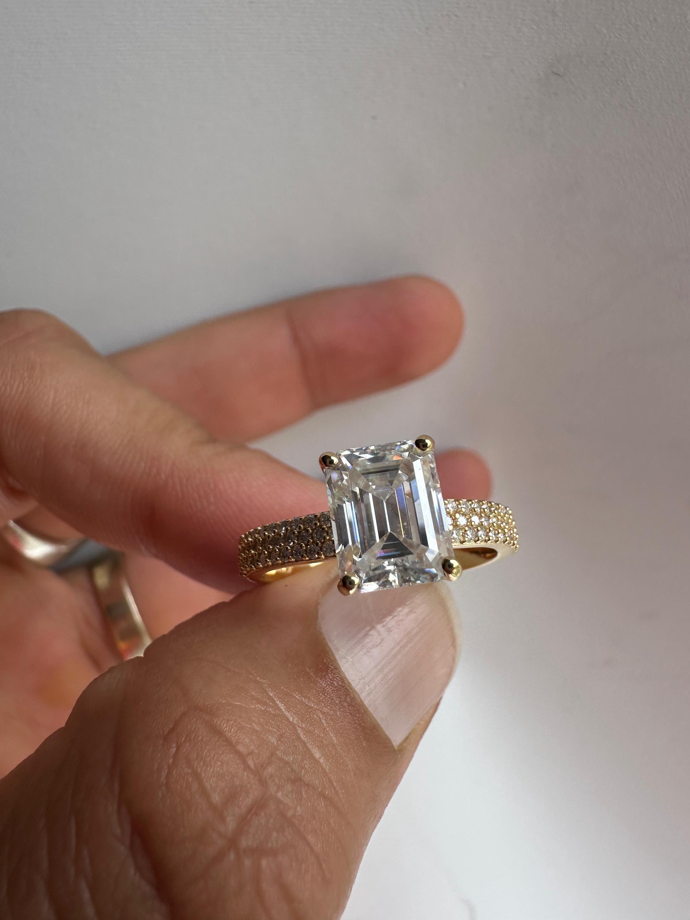 2 CT Emerald Cut Lab Diamond Ring | 14K Gold Triple Pave Engagement Band