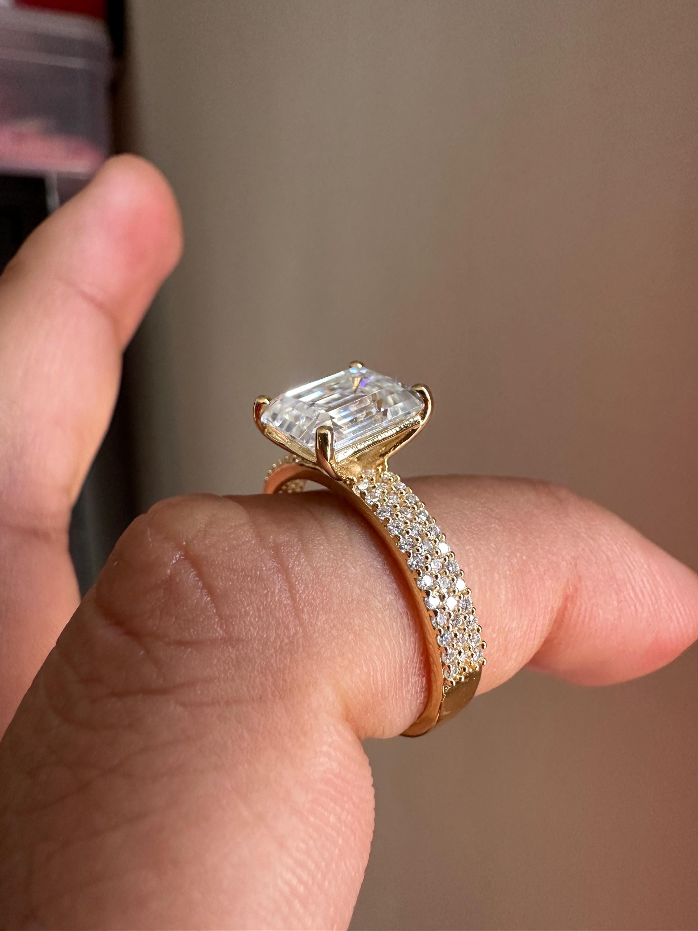 2 CT Emerald Cut Lab Diamond Ring | 14K Gold Triple Pave Engagement Band