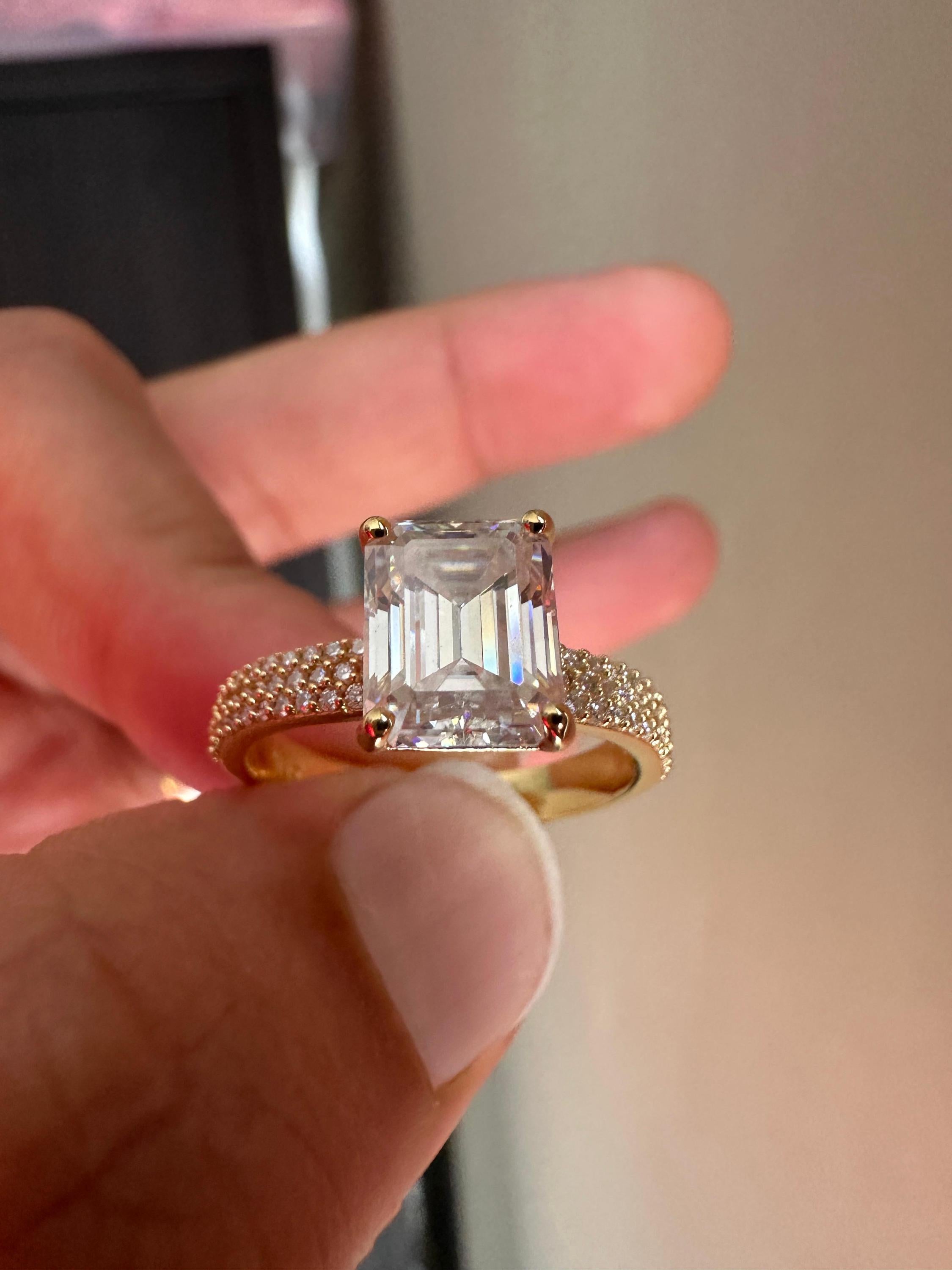 2 CT Emerald Cut Lab Diamond Ring | 14K Gold Triple Pave Engagement Band