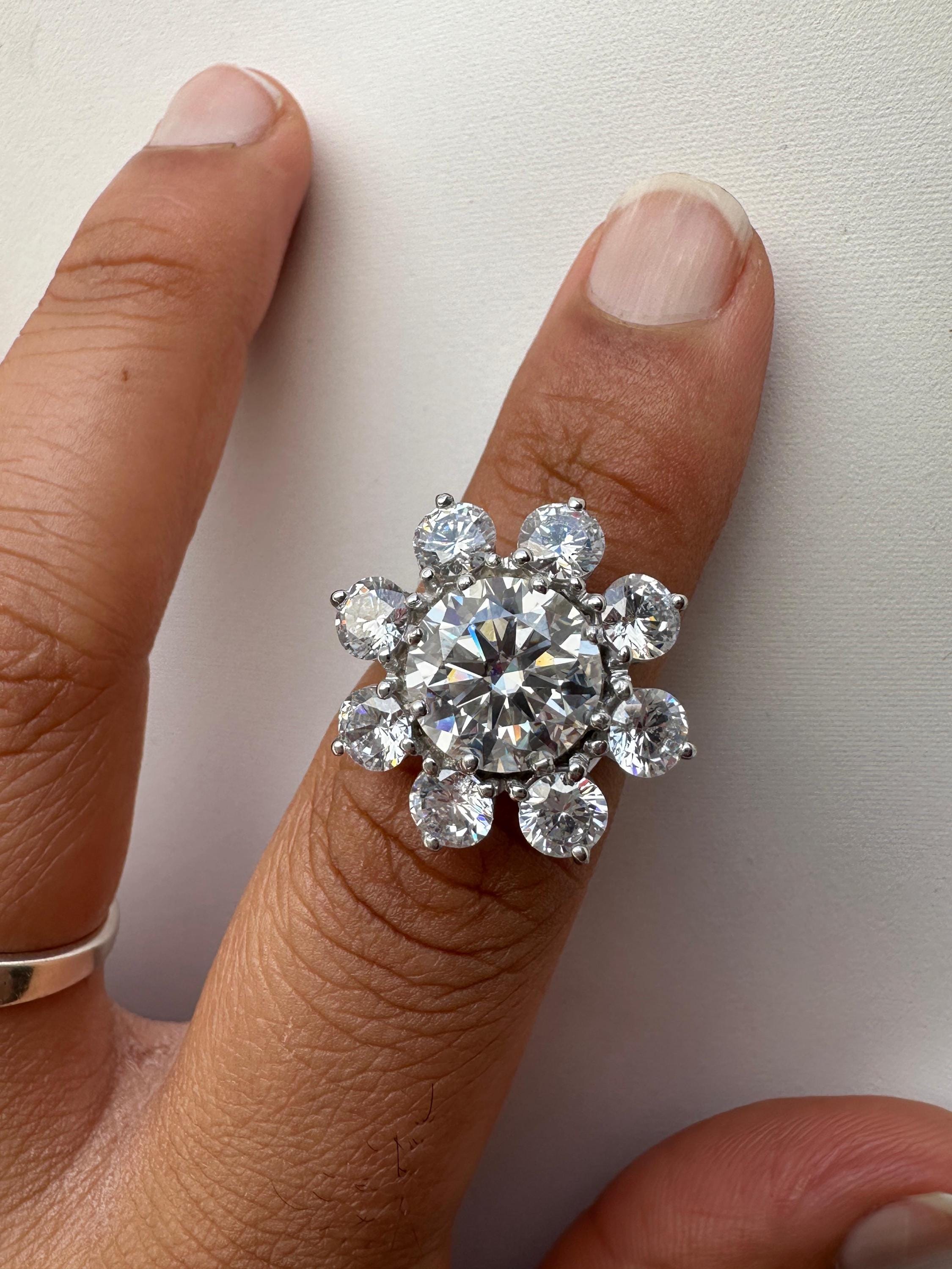 14K White Gold Moissanite Flower Ring | Diamond Look Cluster Statement Ring