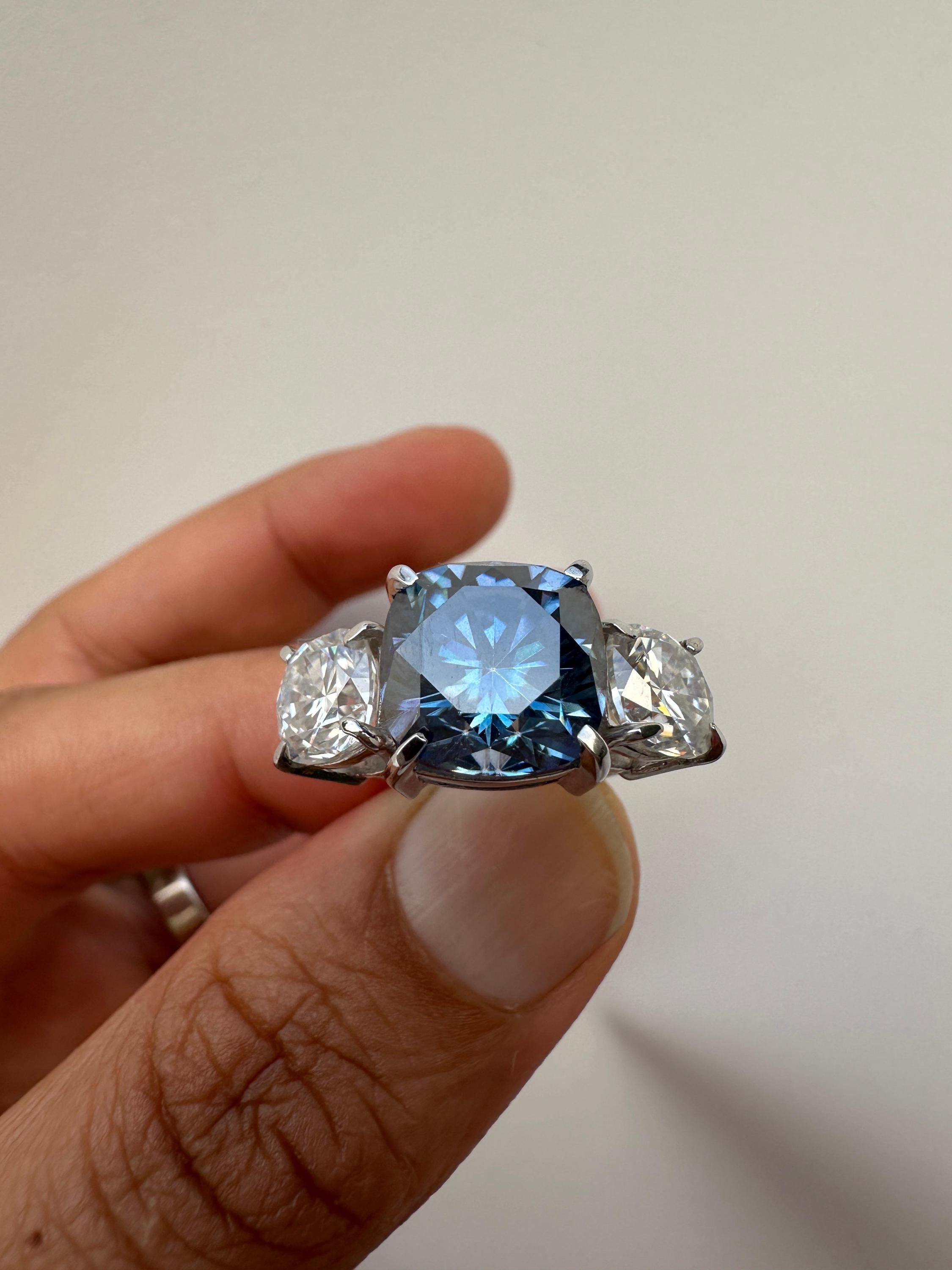 Blue Cushion Cut Moissanite Engagement Ring | 14K White Gold Three Stone Proposal Ring