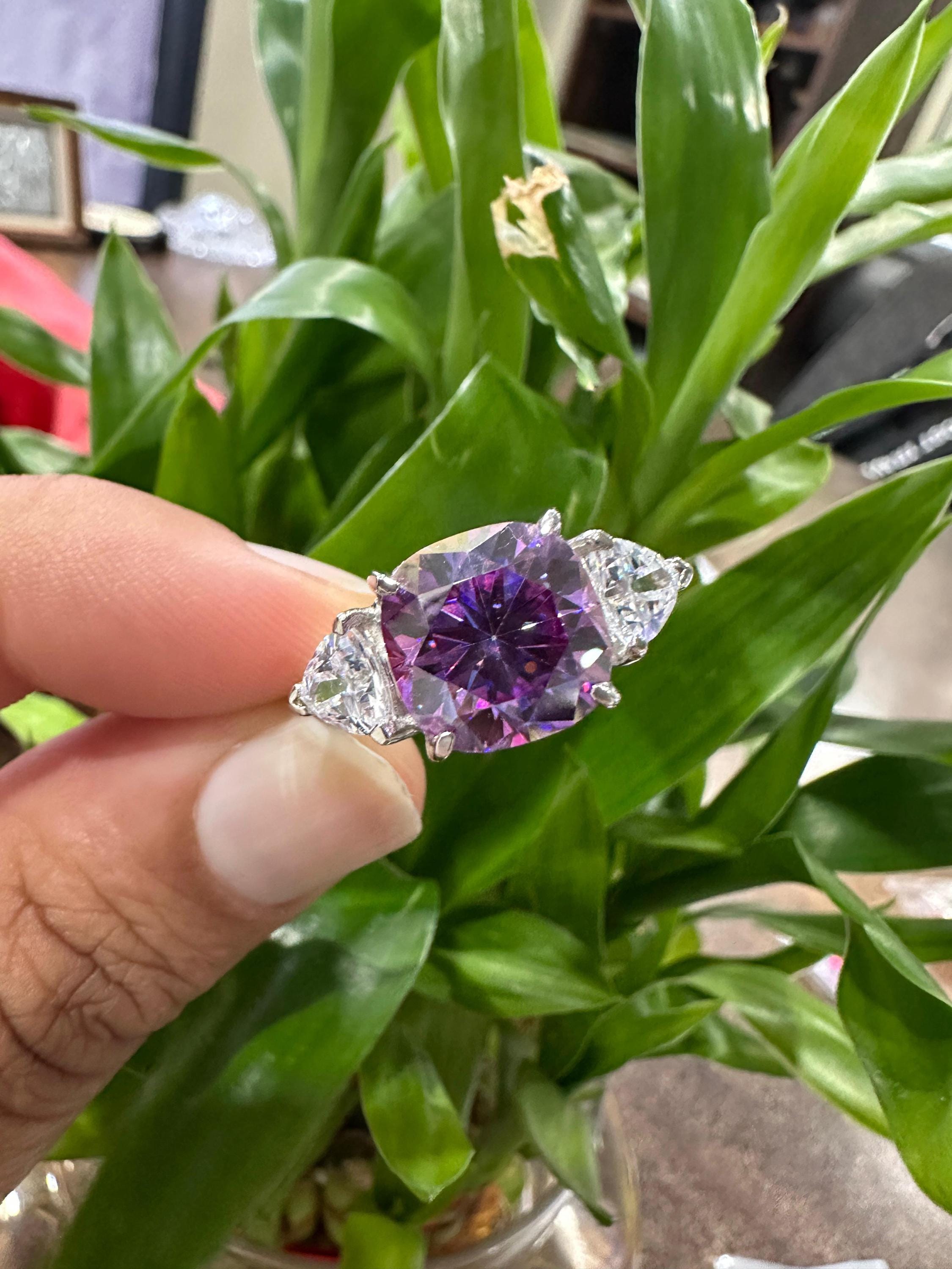 14k Gold Purple Moissanite Engagement Ring | 7 Ct Cushion Cut Statement Wedding Ring