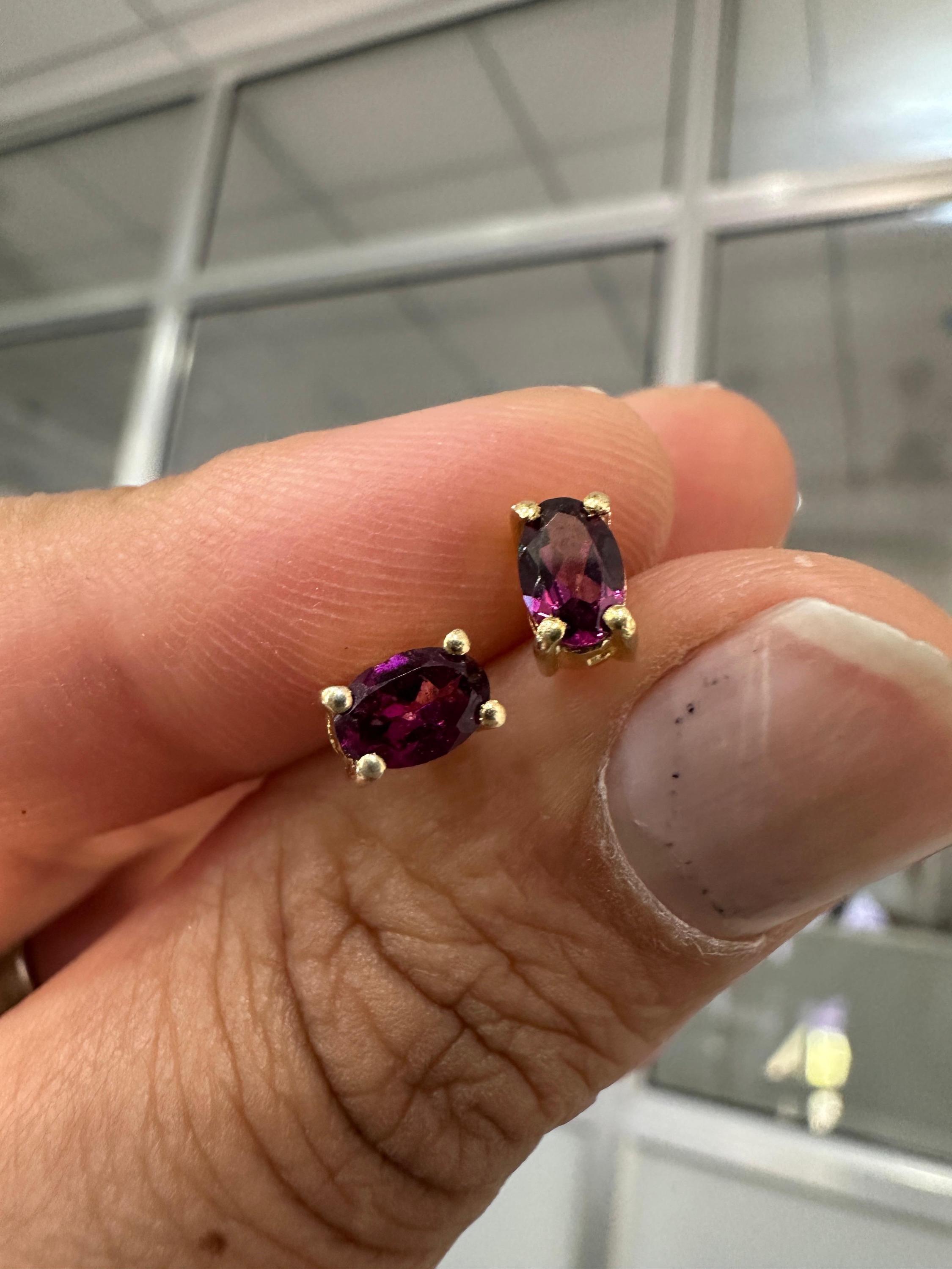 Rhodolite Garnet Oval Stud Earrings | 14K Yellow Gold, 1 CT Red Gemstone Minimalist Jewelry
