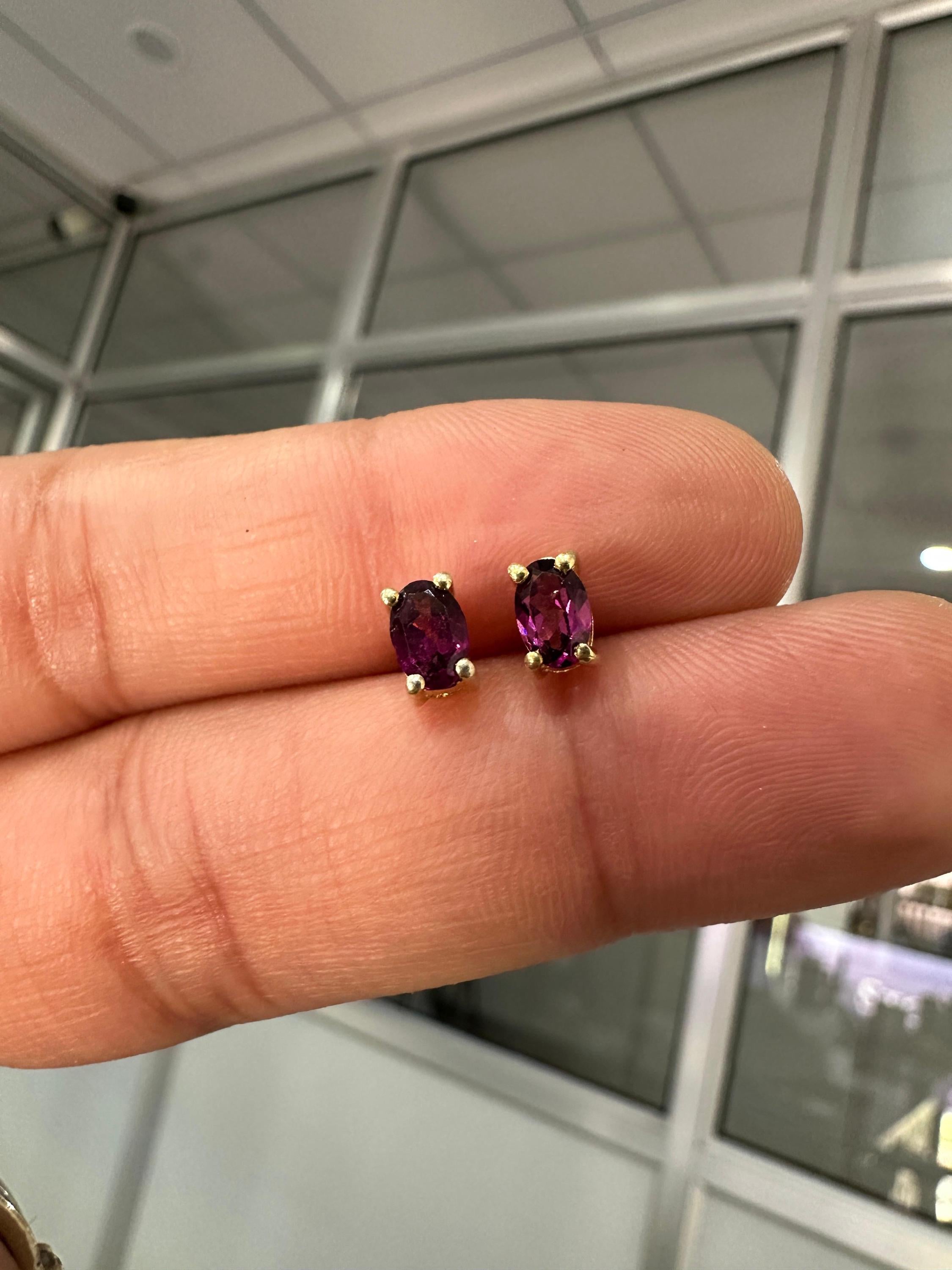 Rhodolite Garnet Oval Stud Earrings | 14K Yellow Gold, 1 CT Red Gemstone Minimalist Jewelry