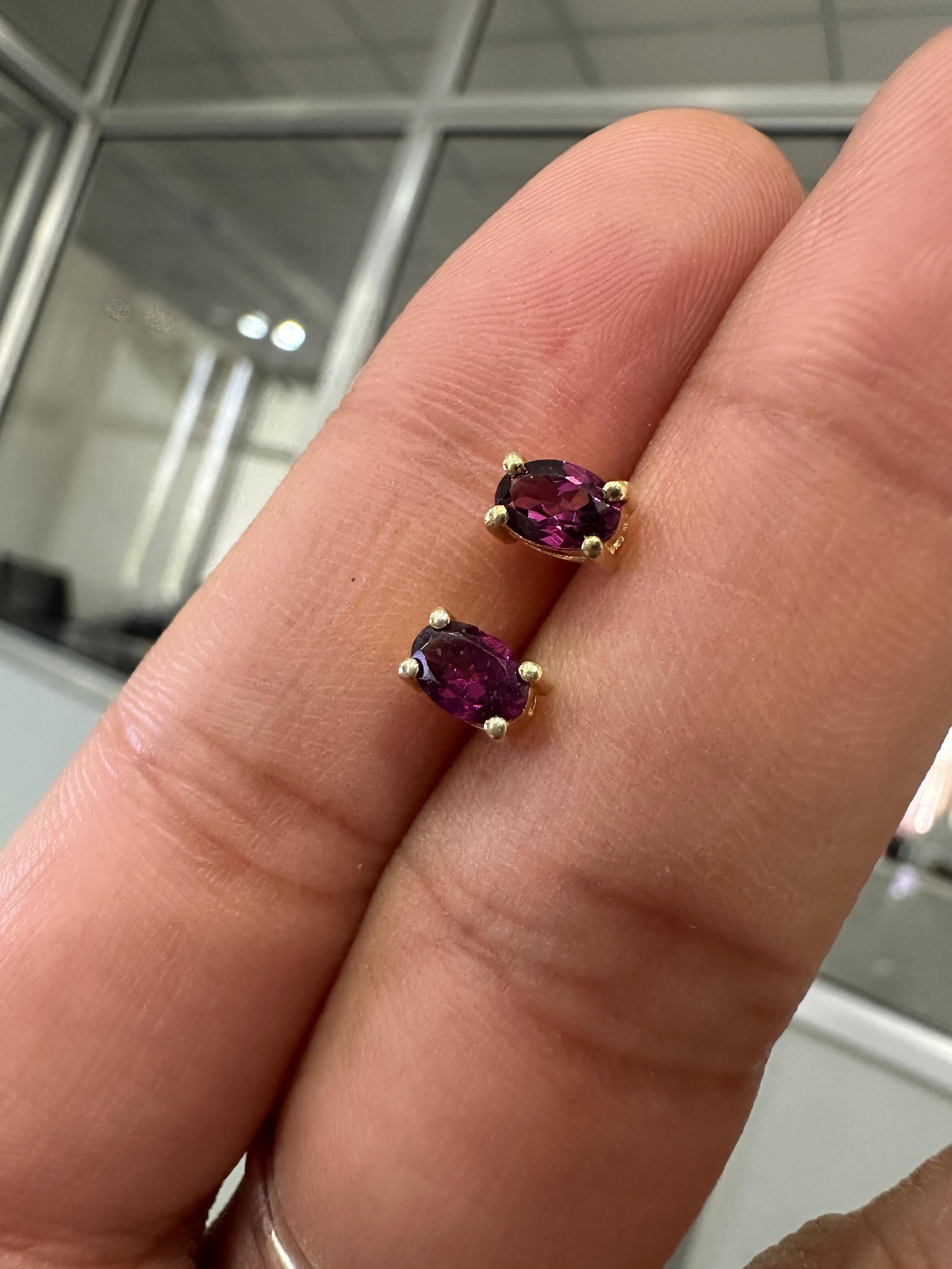 Rhodolite Garnet Oval Stud Earrings | 14K Yellow Gold, 1 CT Red Gemstone Minimalist Jewelry