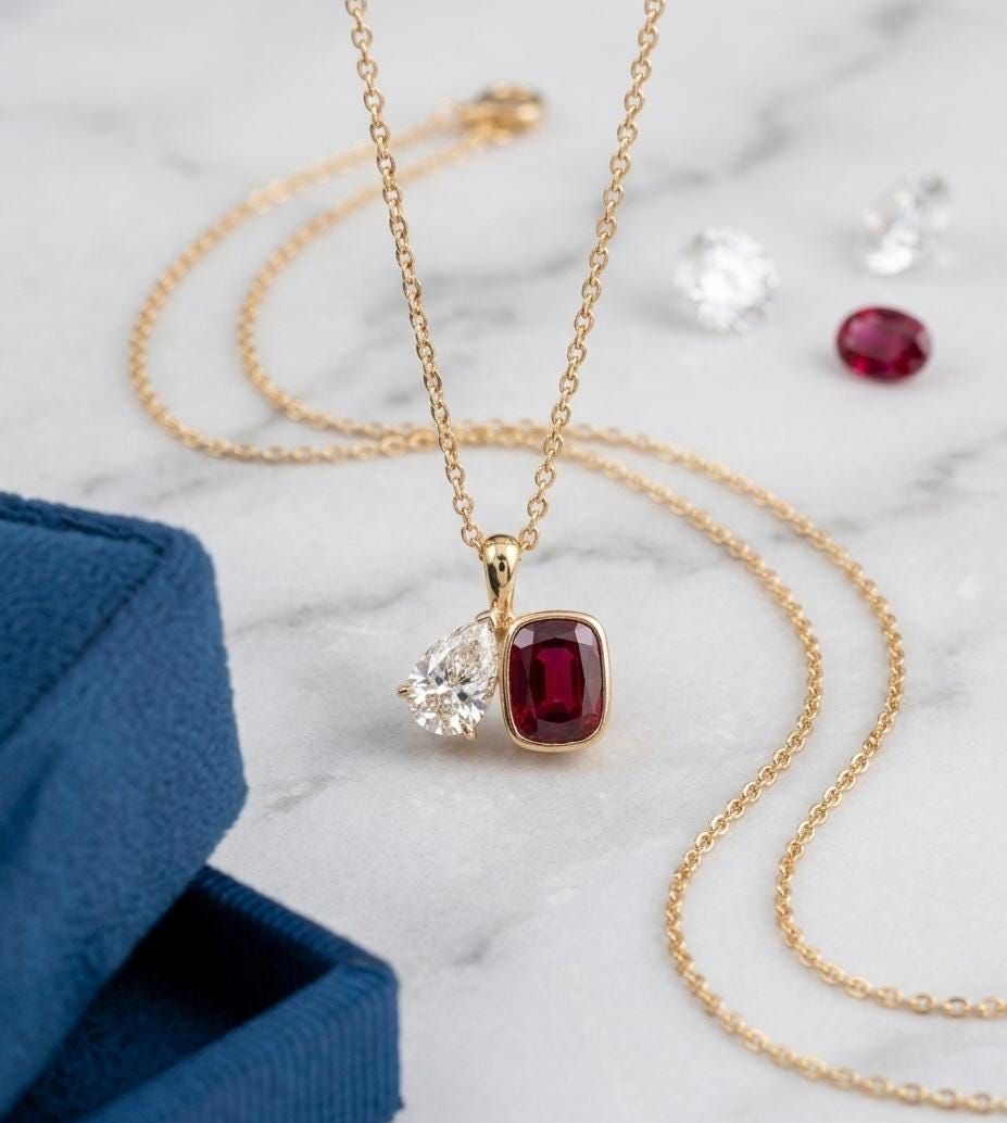 Toi Et Moi Garnet Diamond Pendant | 14K Gold Necklace, Birthstone Jewelry