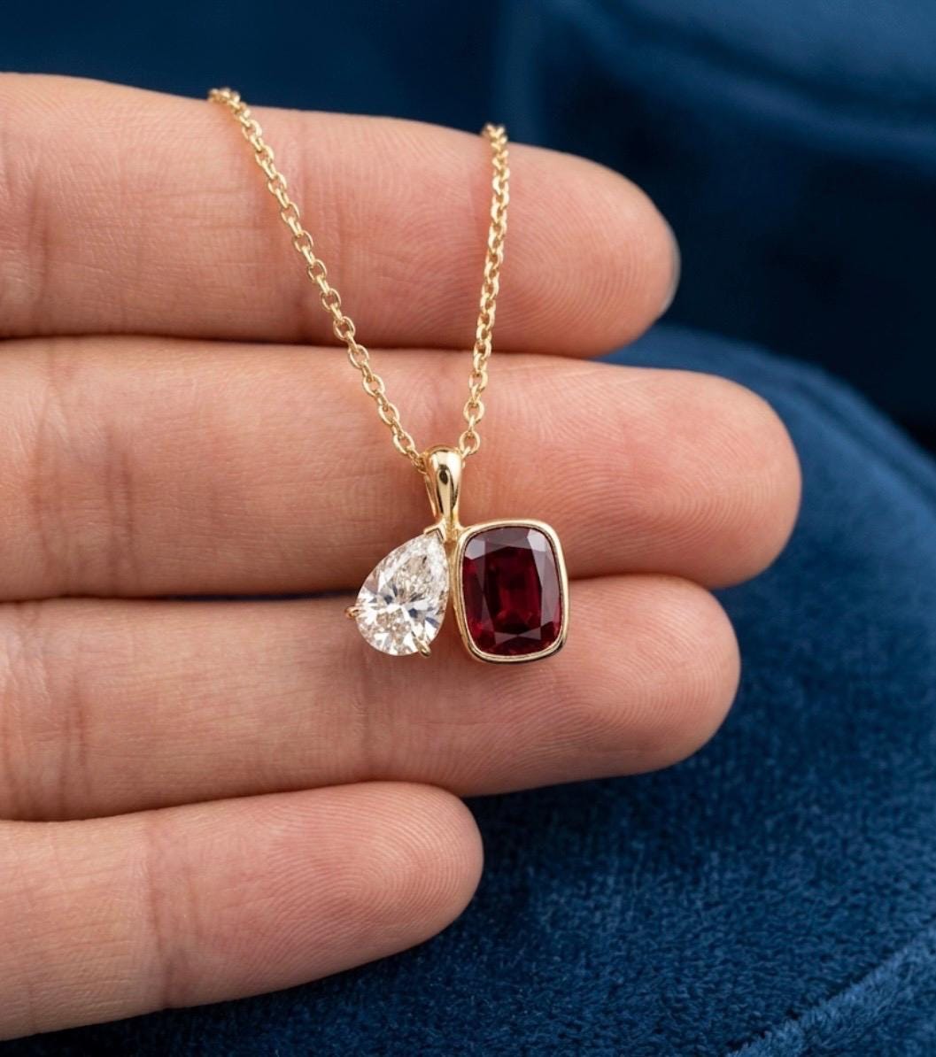 Toi Et Moi Garnet Diamond Pendant | 14K Gold Necklace, Birthstone Jewelry