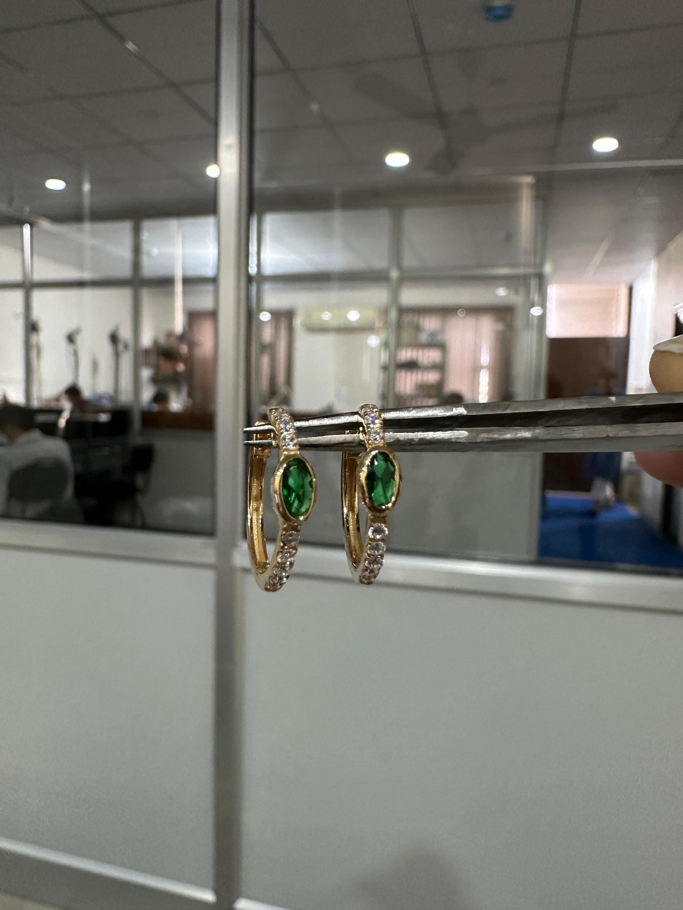 Lab Zambian Emerald Hoop Earrings | 14K Yellow Gold Oval Diamond Huggie May Birthstone