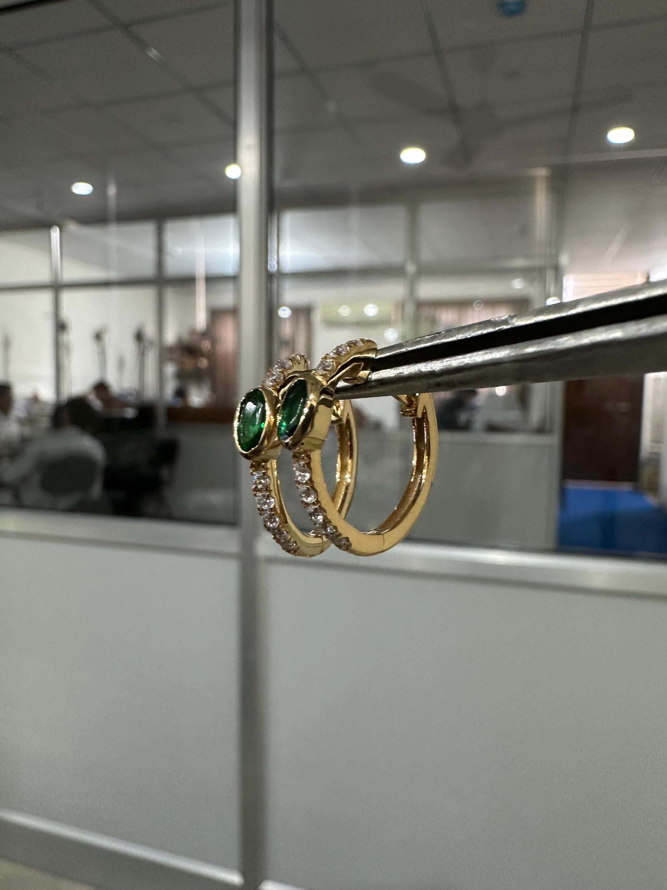 Lab Zambian Emerald Hoop Earrings | 14K Yellow Gold Oval Diamond Huggie May Birthstone