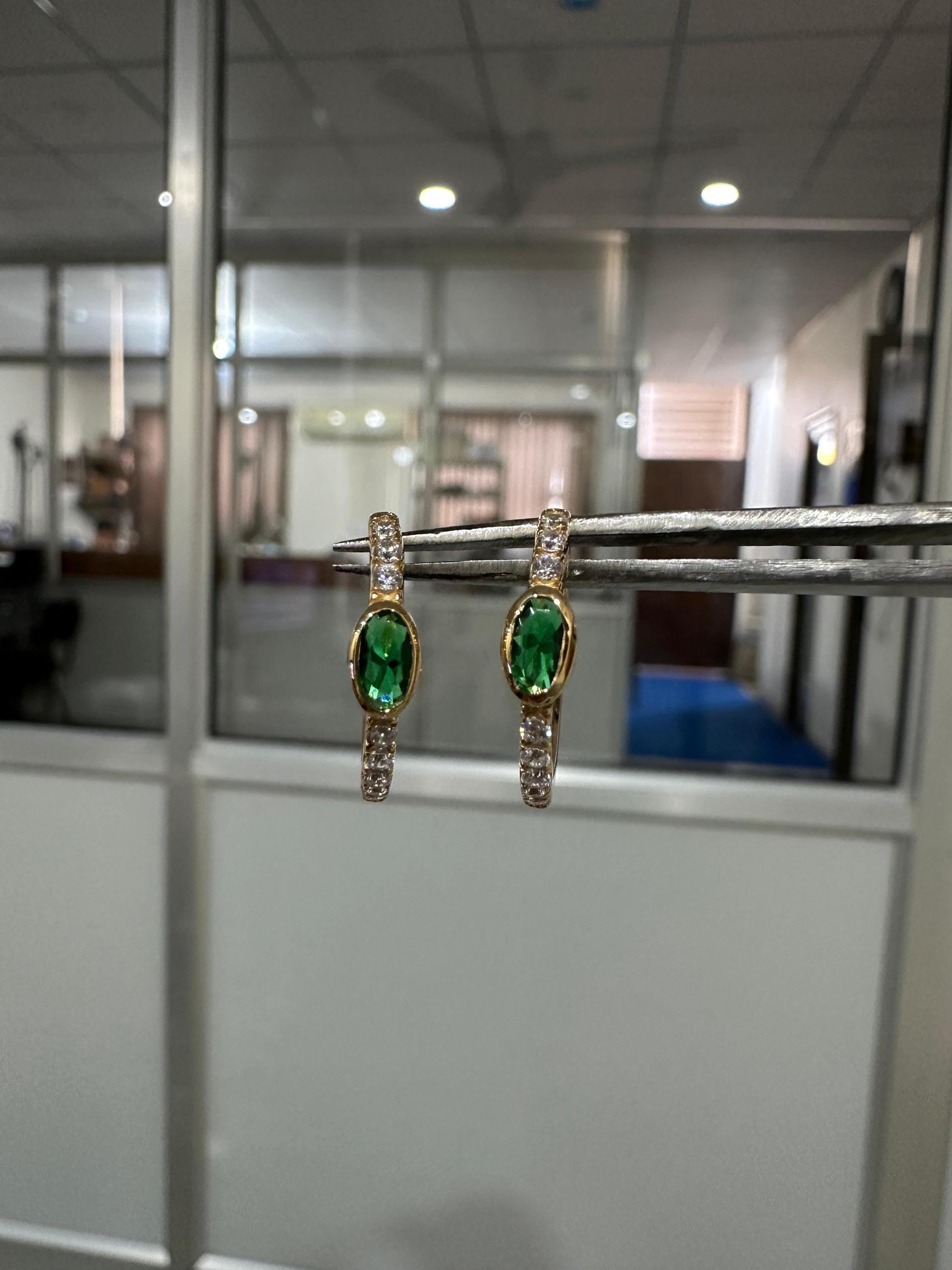 Lab Zambian Emerald Hoop Earrings | 14K Yellow Gold Oval Diamond Huggie May Birthstone