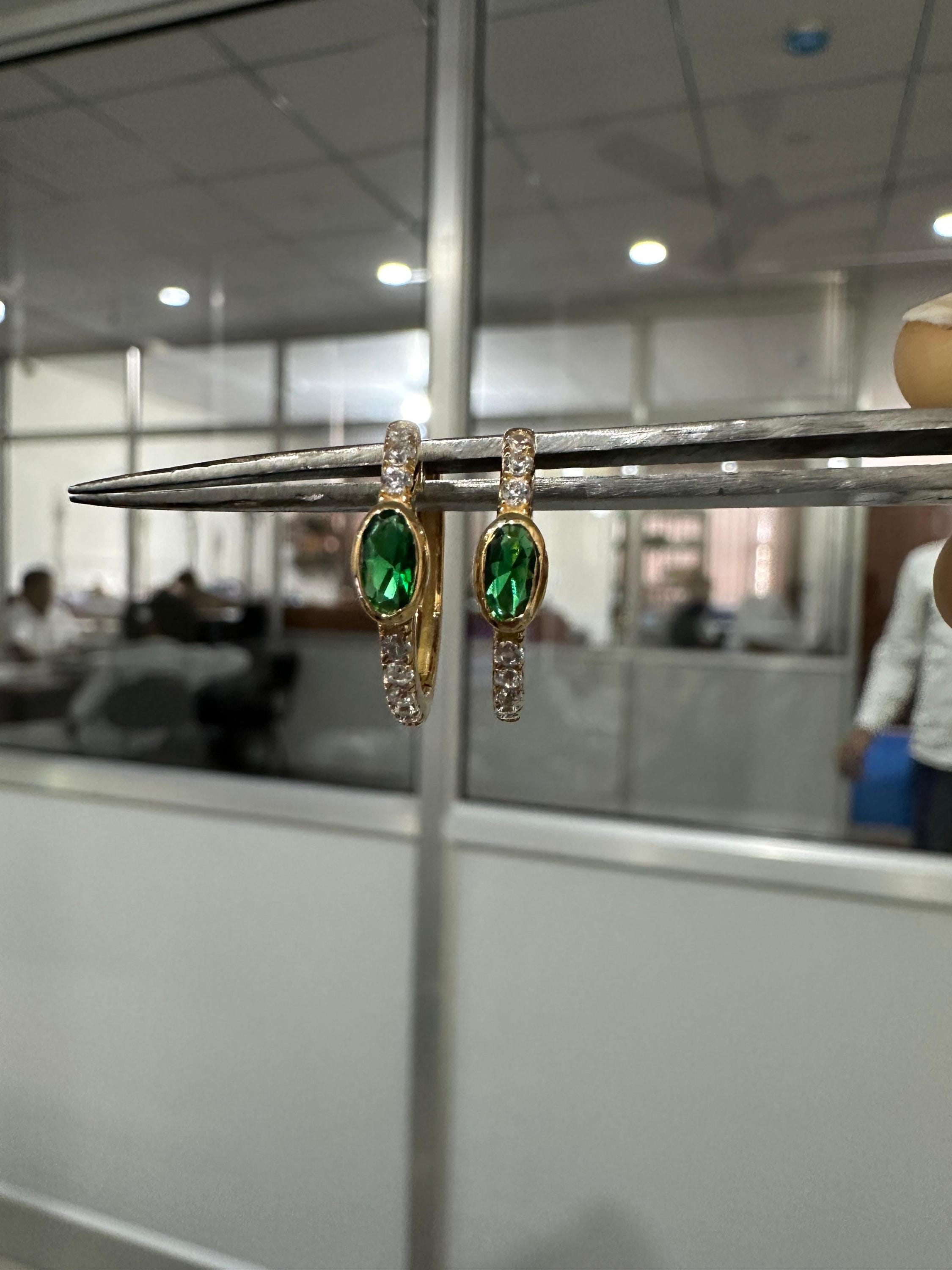 Lab Zambian Emerald Hoop Earrings | 14K Yellow Gold Oval Diamond Huggie May Birthstone