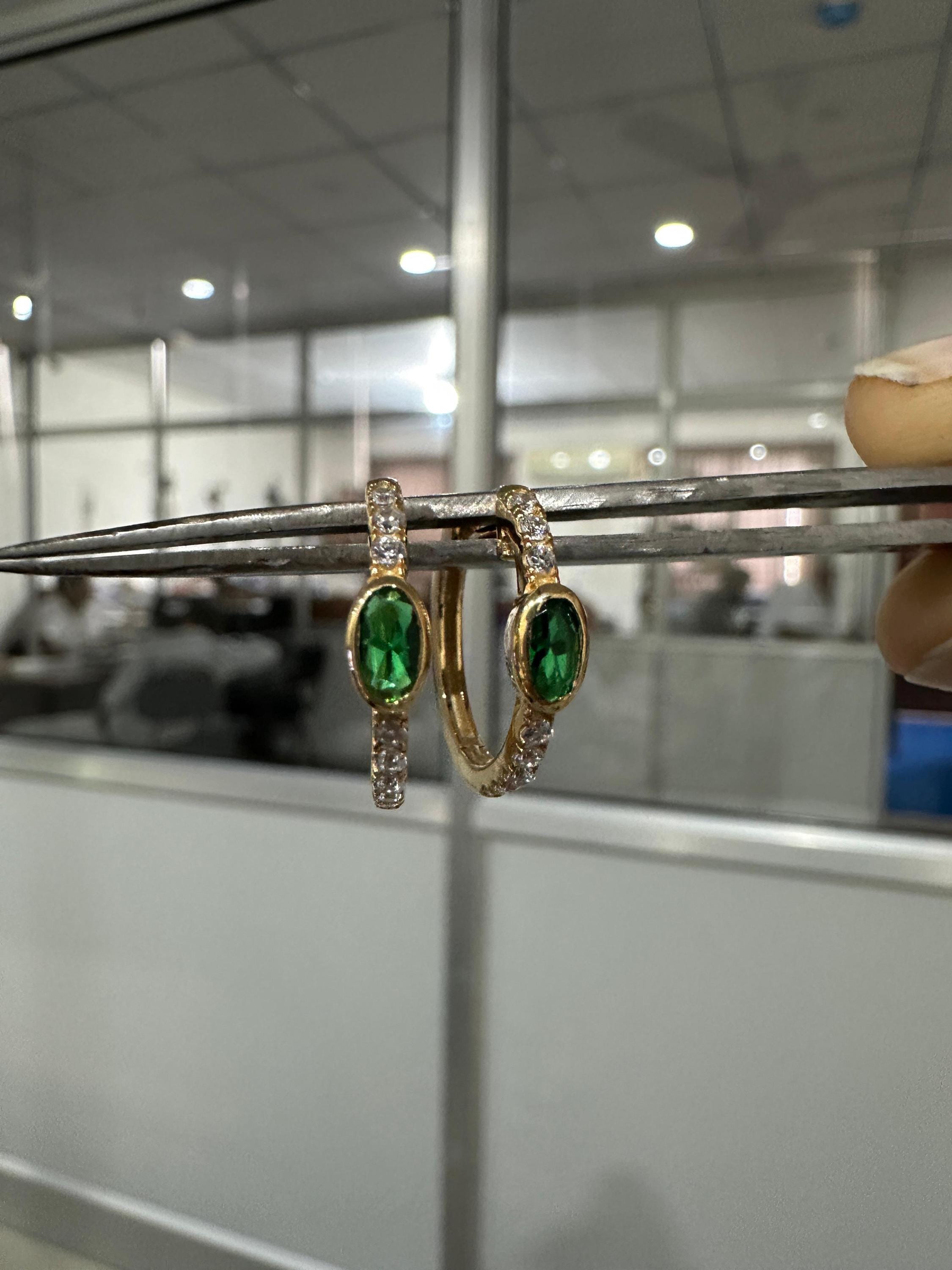 Lab Zambian Emerald Hoop Earrings | 14K Yellow Gold Oval Diamond Huggie May Birthstone