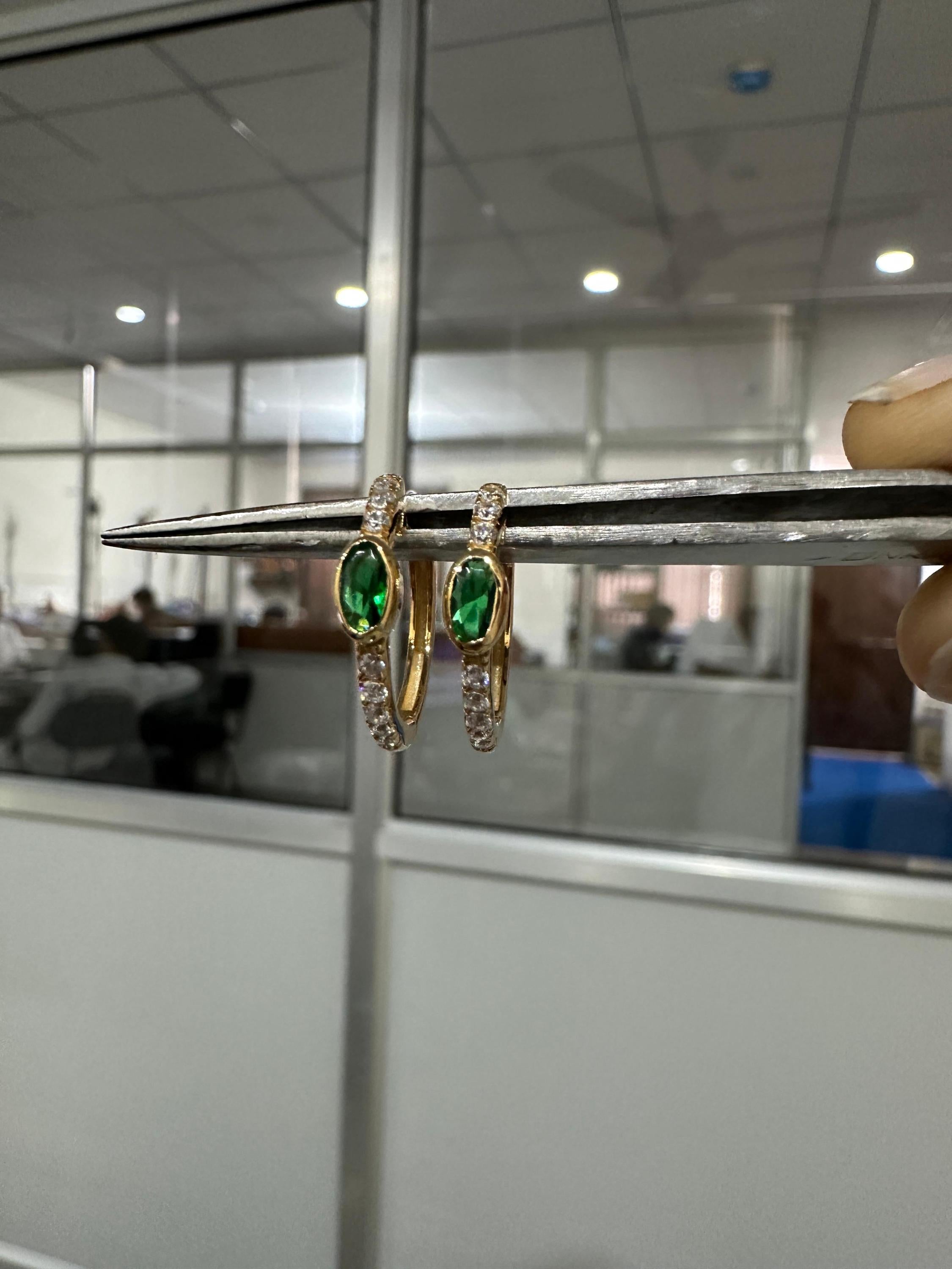 Lab Zambian Emerald Hoop Earrings | 14K Yellow Gold Oval Diamond Huggie May Birthstone