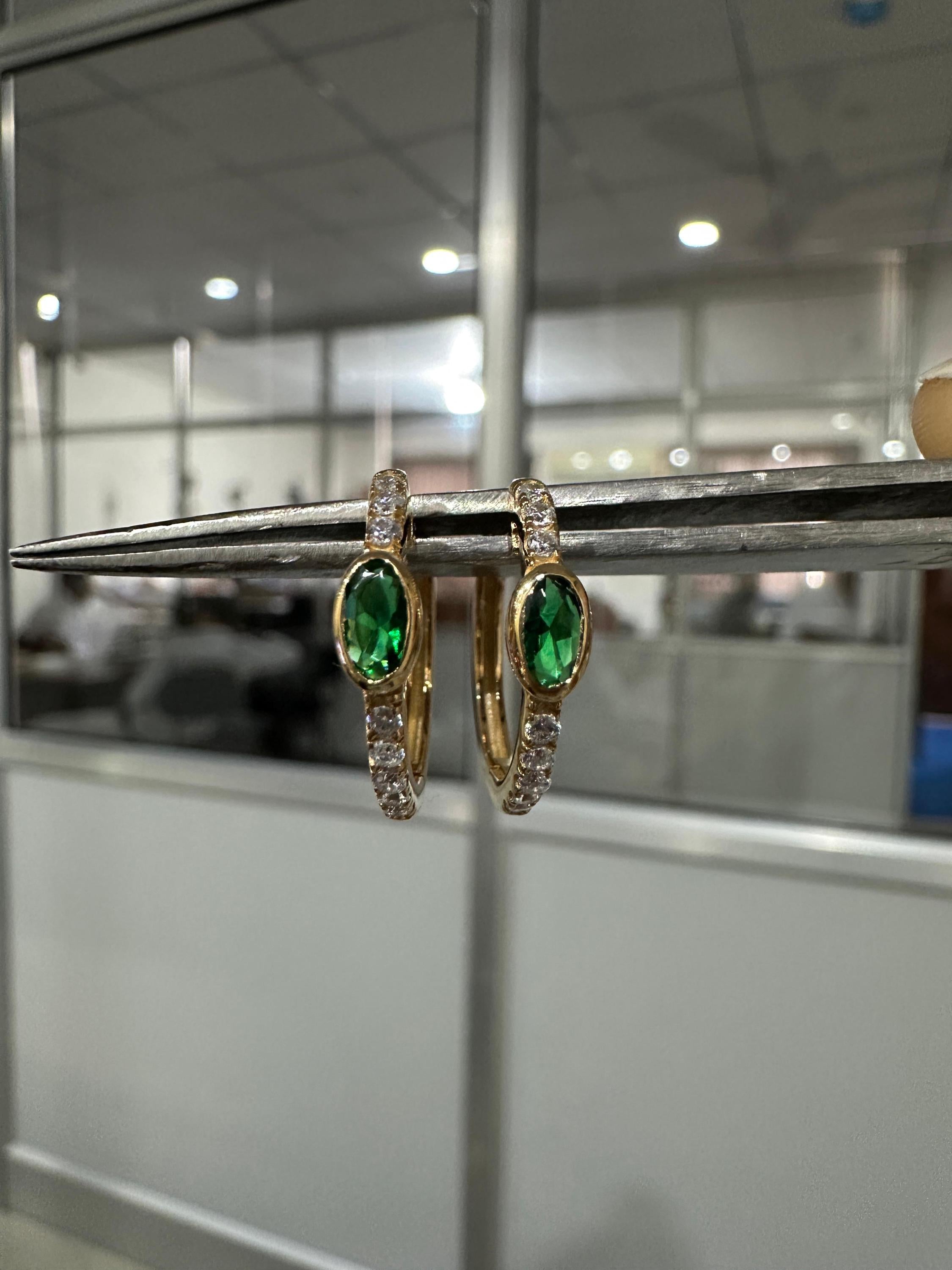 Lab Zambian Emerald Hoop Earrings | 14K Yellow Gold Oval Diamond Huggie May Birthstone