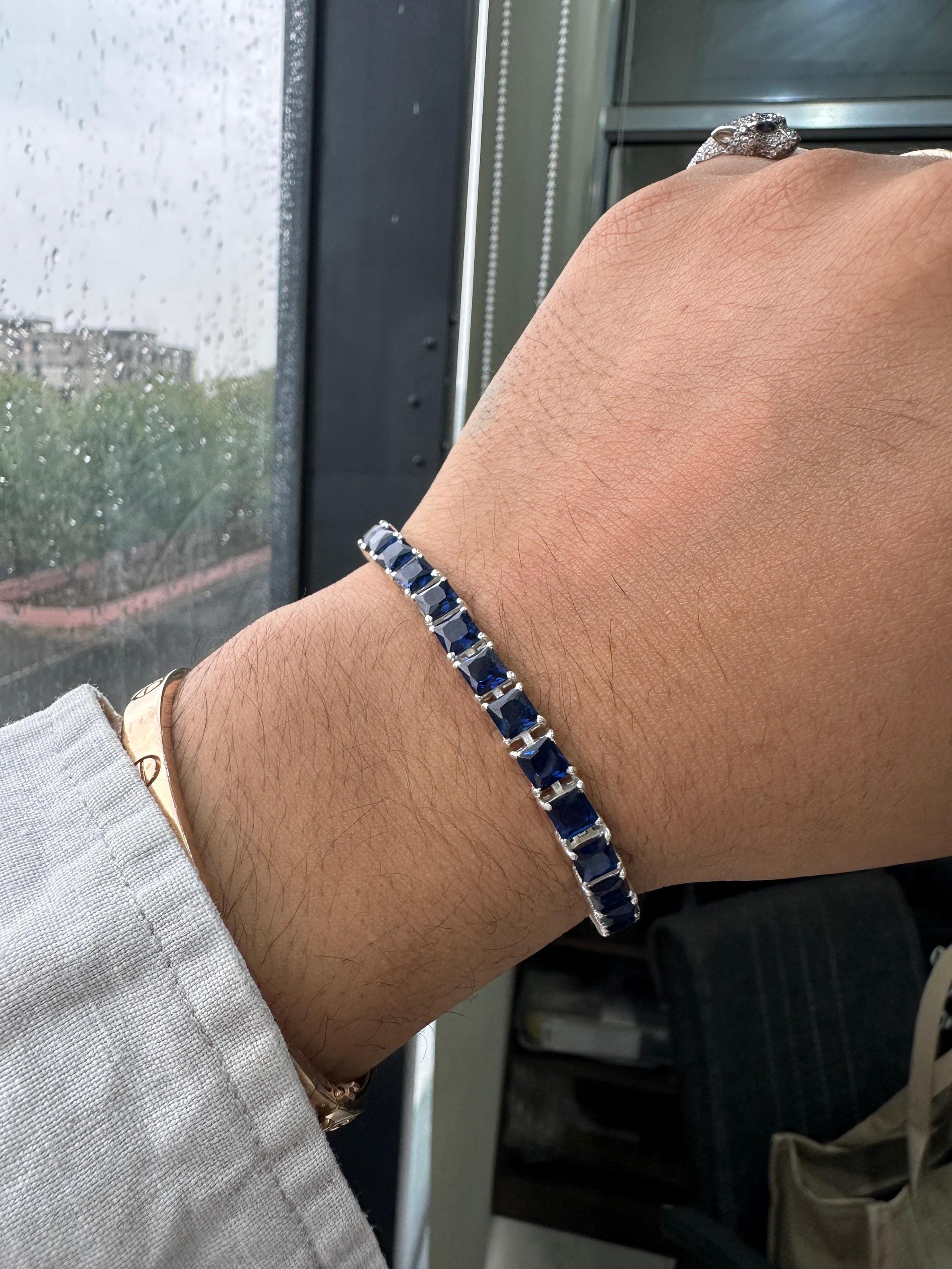Blue Sapphire Tennis Bracelet | Men's Sterling Silver Bracelet, Luxury gift for him
