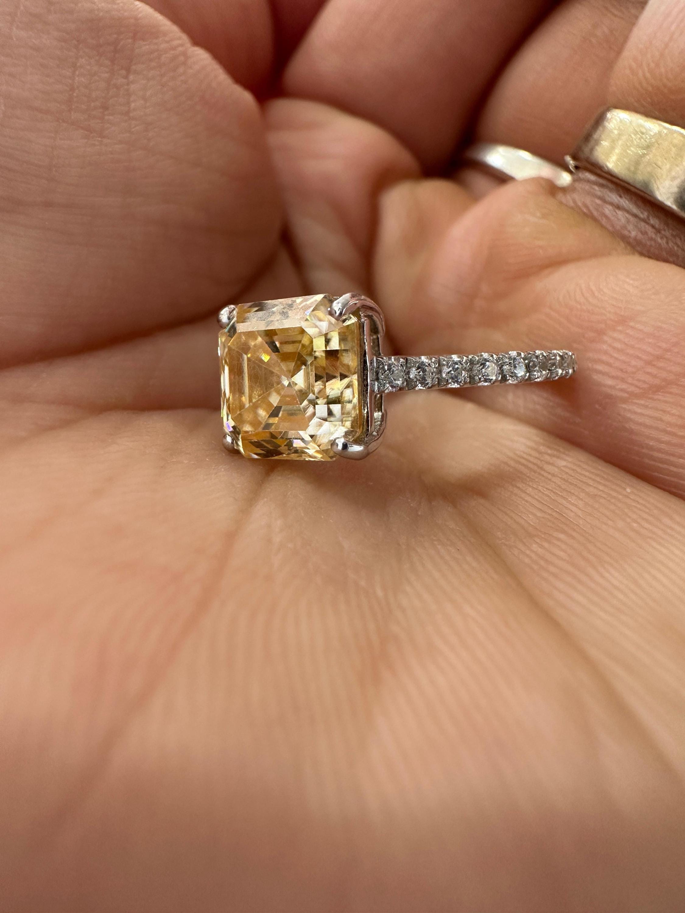 3 Carat Yellow Moissanite Asscher Cut Engagement Ring | 14K White Gold, Art Deco Style