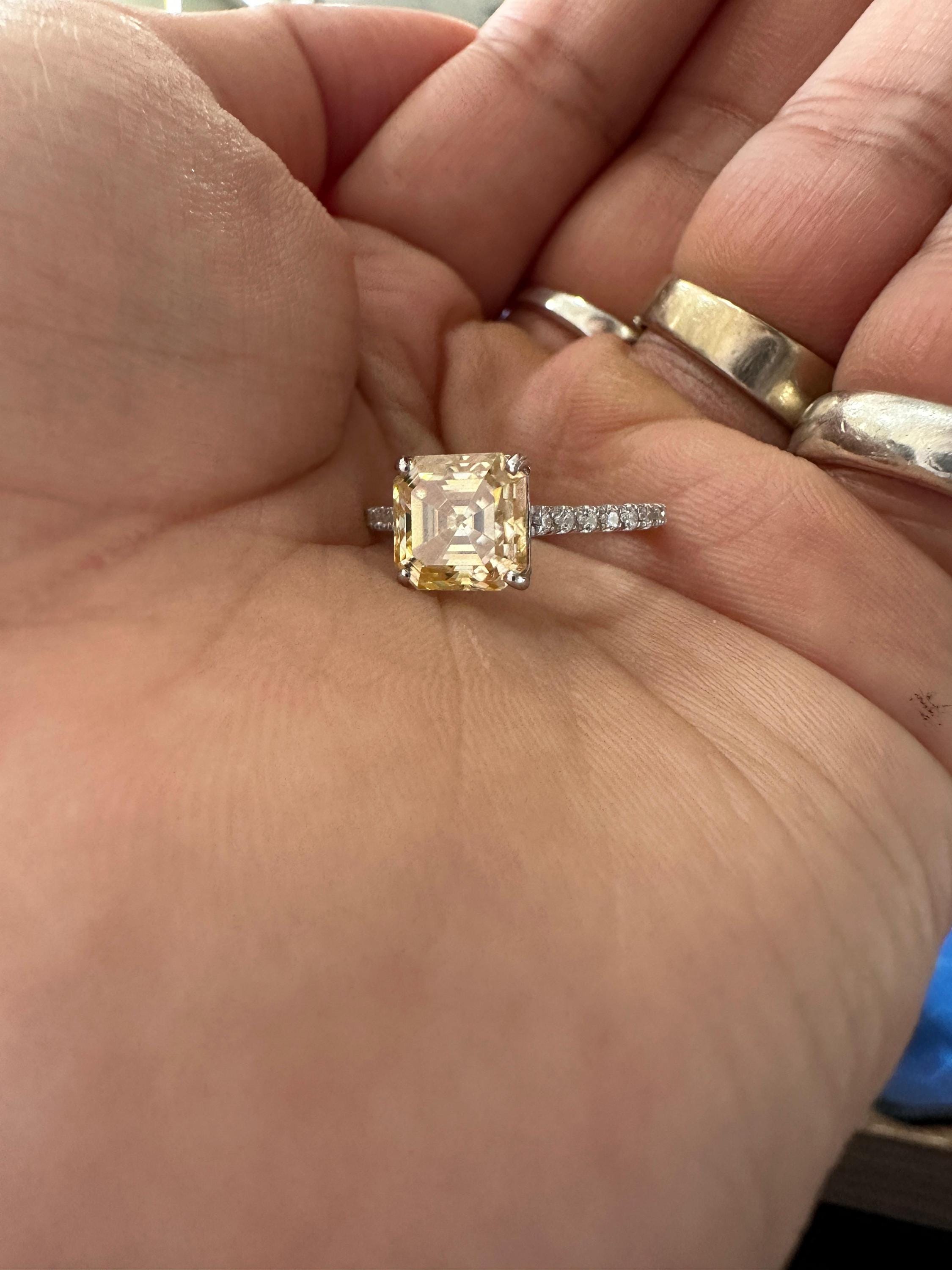 3 CT Asscher Cut Yellow Diamond Engagement Ring | 14k White Gold Vintage Ring