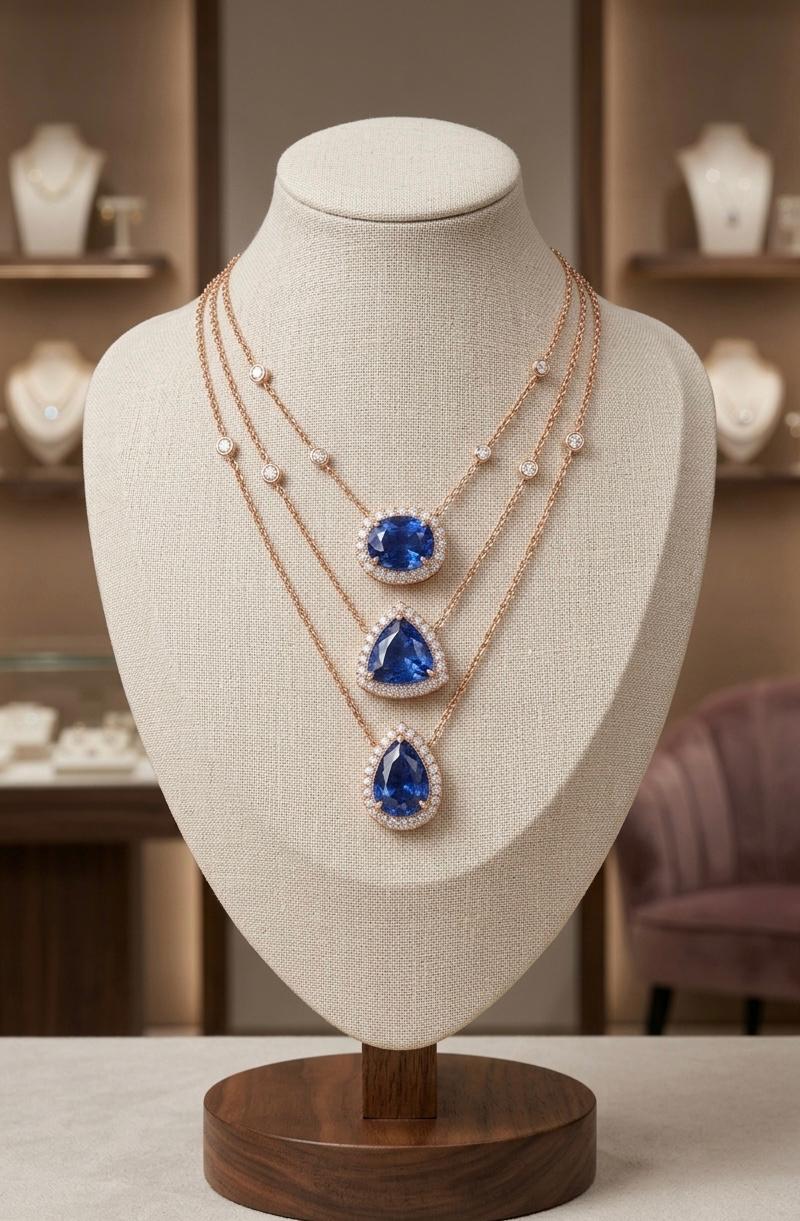 Blue Sapphire Trinity Necklace | 14K Gold Layered Moissanite Halo Pendant