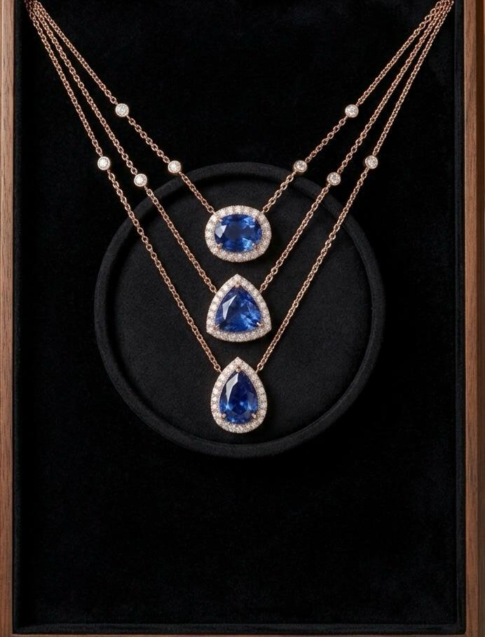 Blue Sapphire Trinity Necklace | 14K Gold Layered Moissanite Halo Pendant